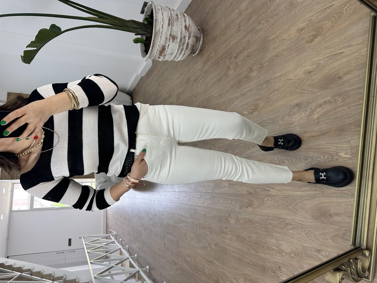 Kalın Çizgili Kayık Yaka Merserize Triko-Siyah