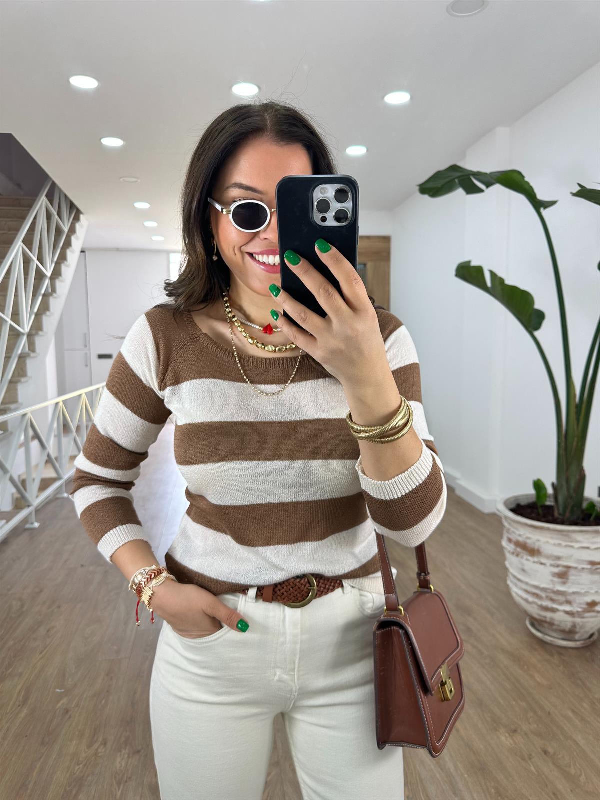 Kalın Çizgili Kayık Yaka Merserize Triko-Kahverengi