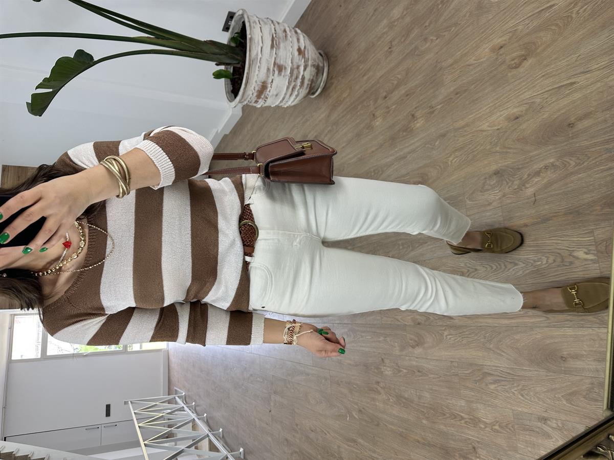 Kalın Çizgili Kayık Yaka Merserize Triko-Kahverengi