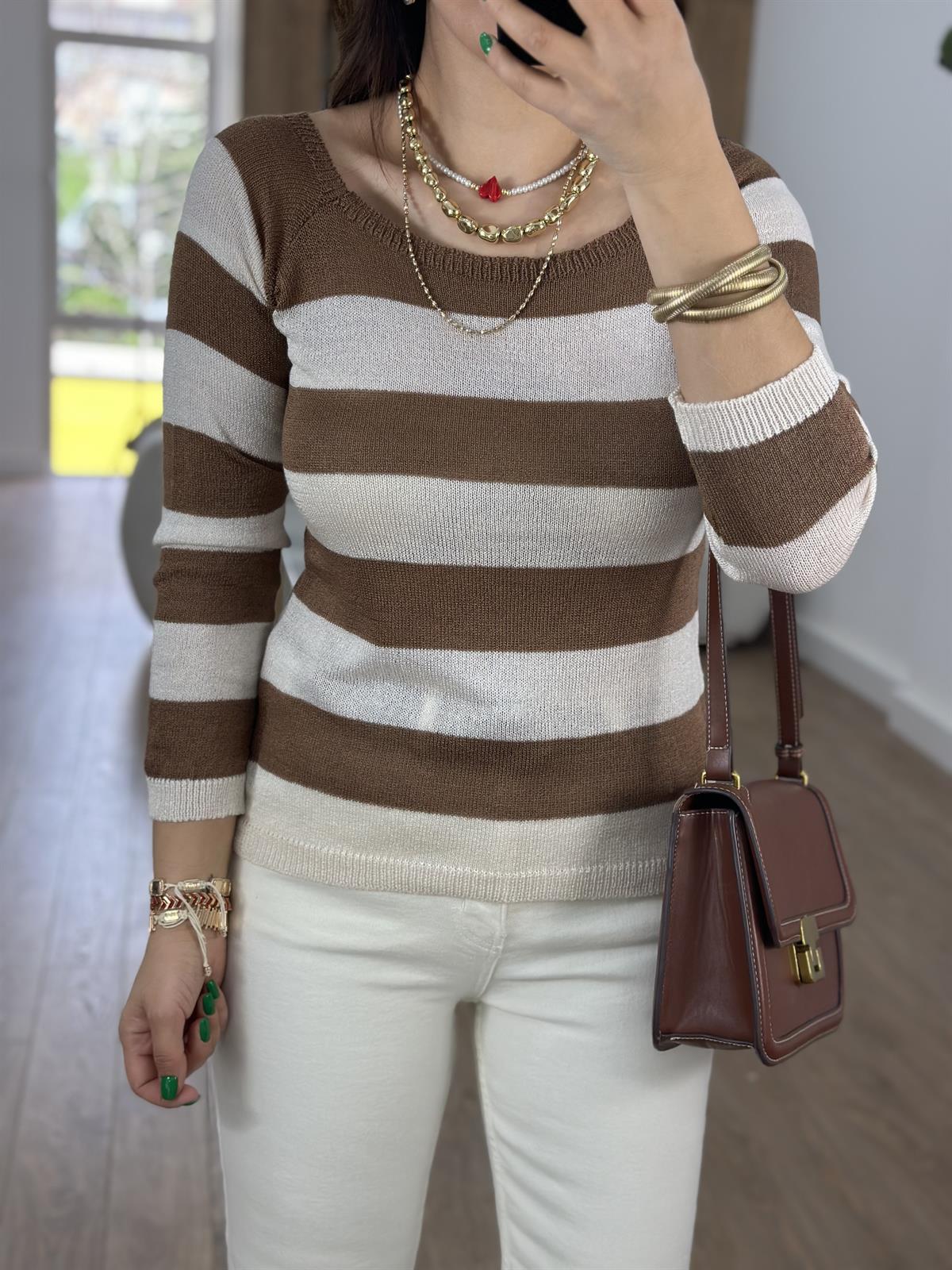 Kalın Çizgili Kayık Yaka Merserize Triko-Kahverengi