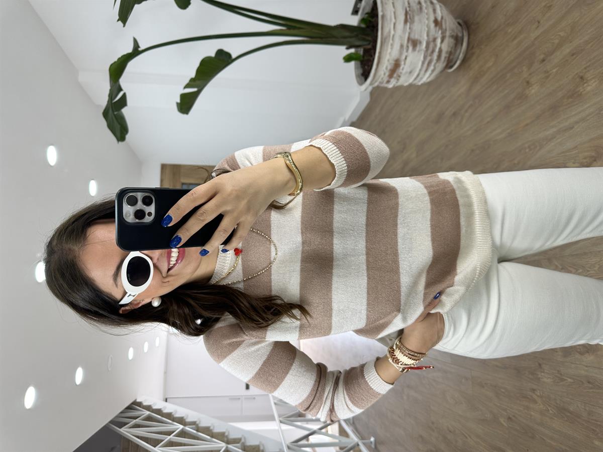 Kalın Çizgili Merserize Triko-Bej