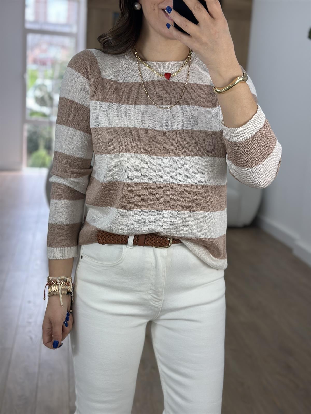 Kalın Çizgili Merserize Triko-Bej