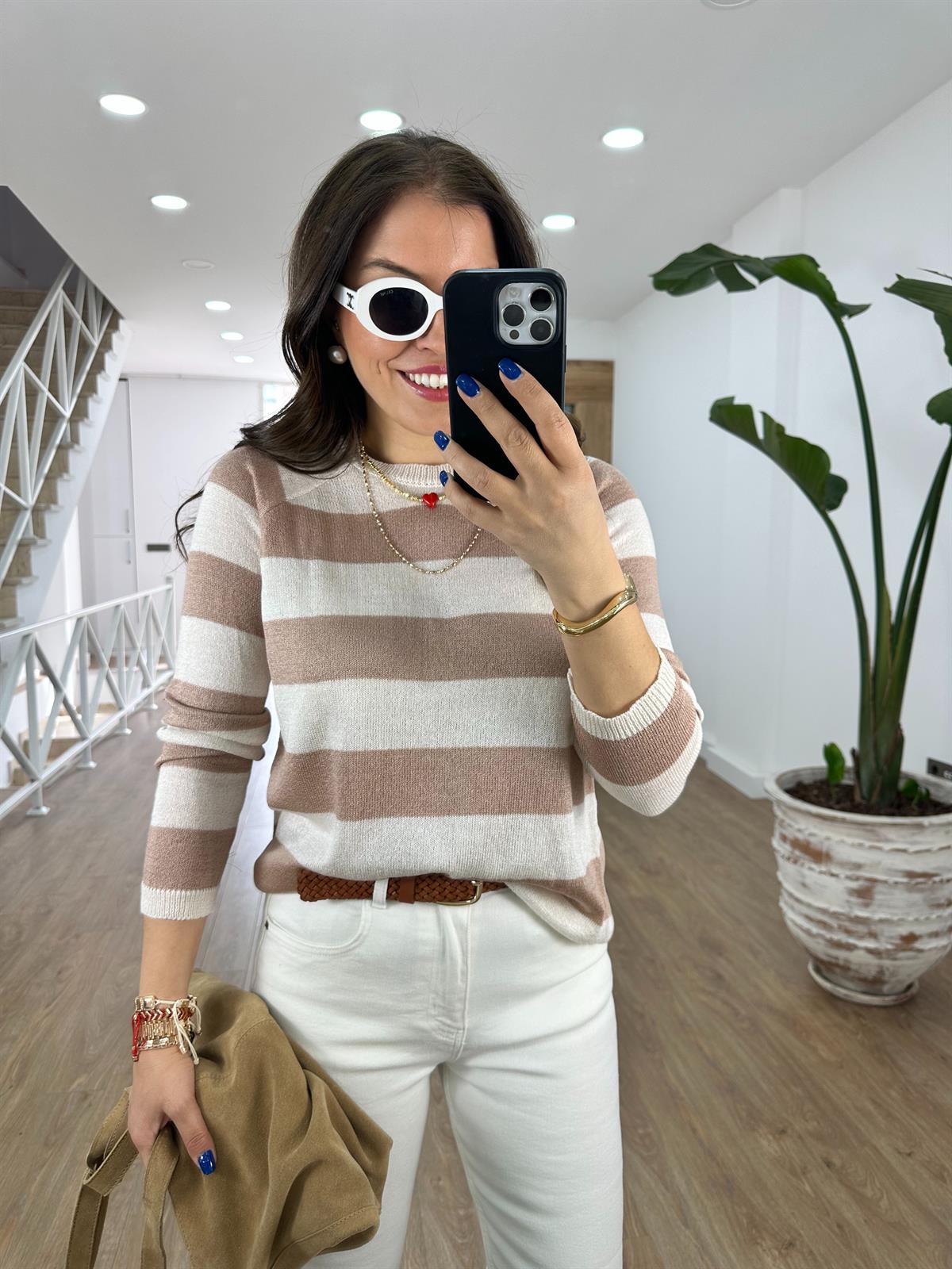 Kalın Çizgili Merserize Triko-Bej