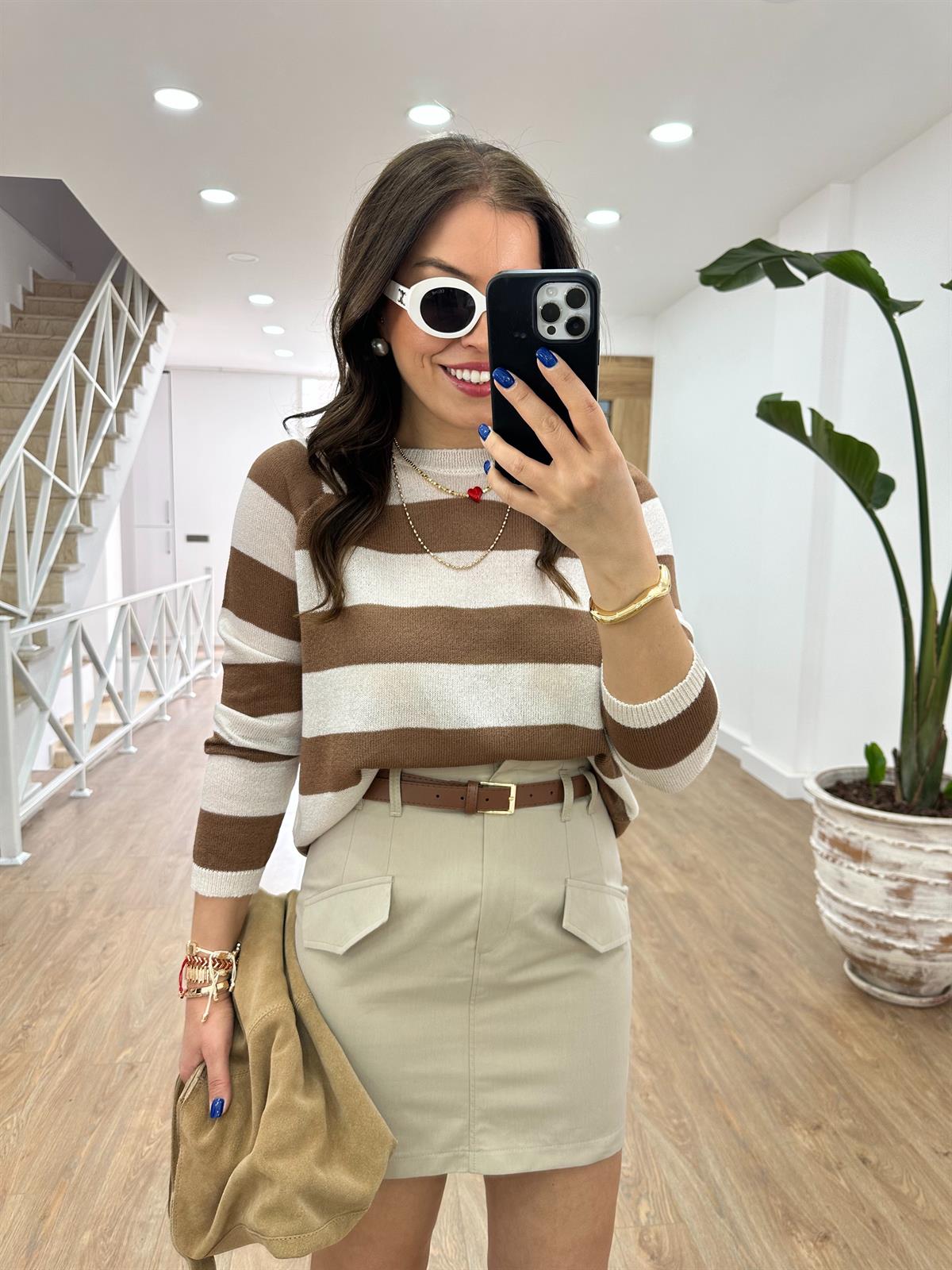 Kalın Çizgili Merserize Triko-Kahverengi