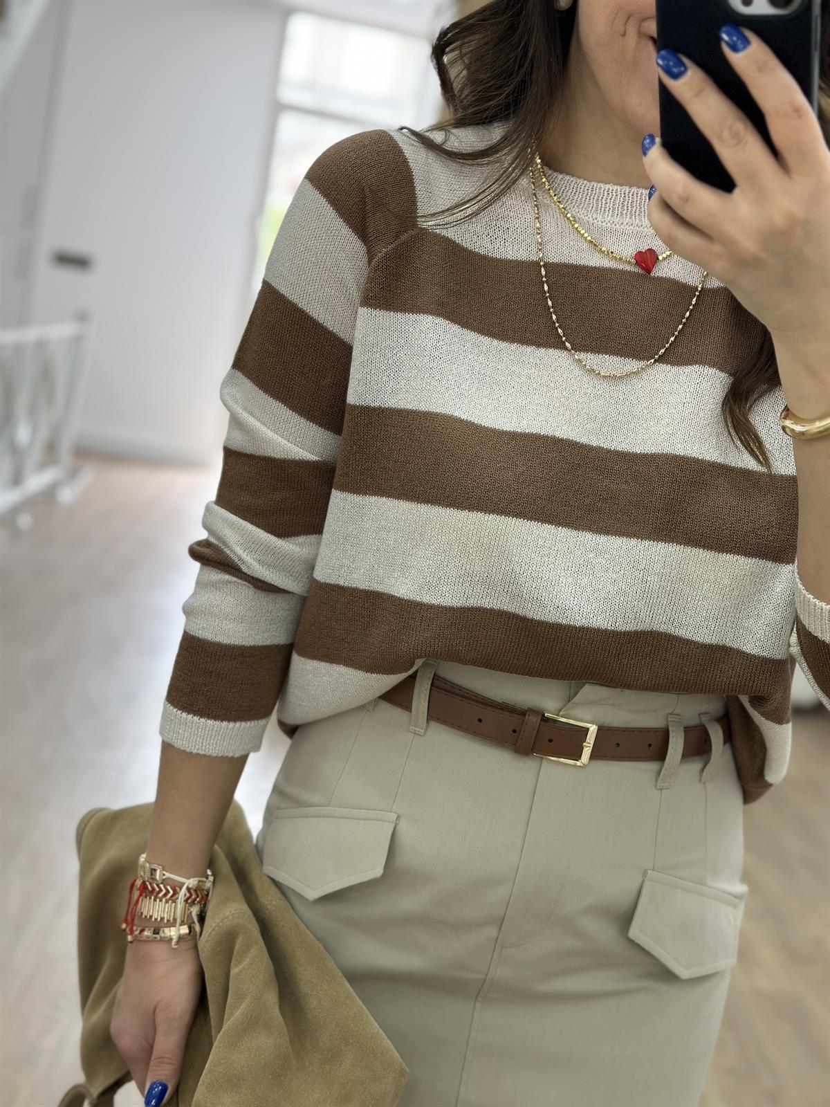 Kalın Çizgili Merserize Triko-Kahverengi