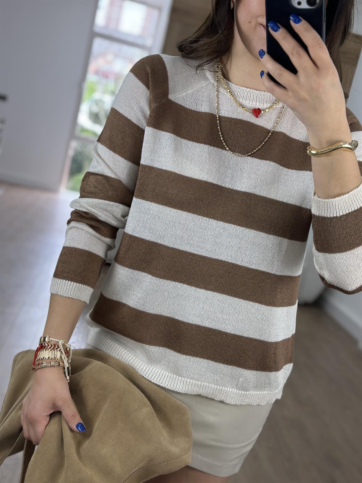 Kalın Çizgili Merserize Triko-Kahverengi