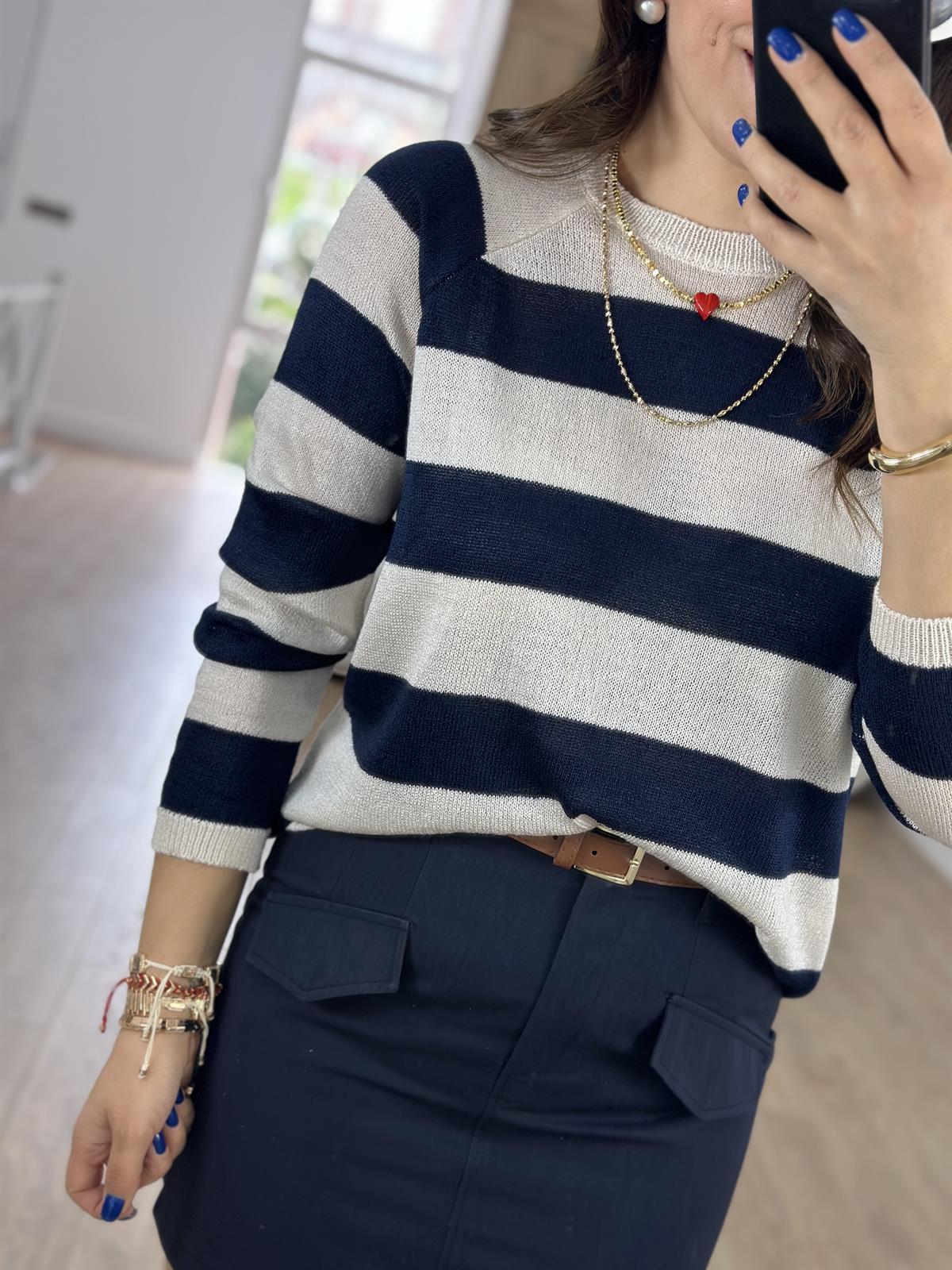 Kalın Çizgili Merserize Triko-Lacivert