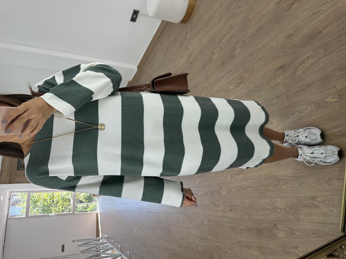 Kalın Çizgili Yumuşacık Dokuda Salaş Elbise - Haki