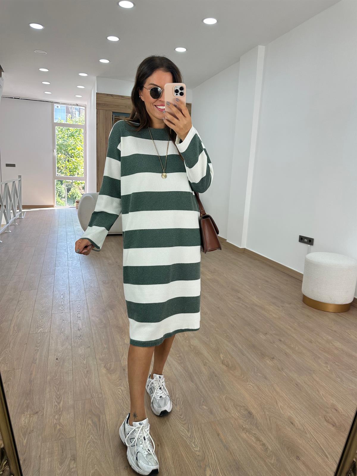 Kalın Çizgili Yumuşacık Dokuda Salaş Elbise - Haki