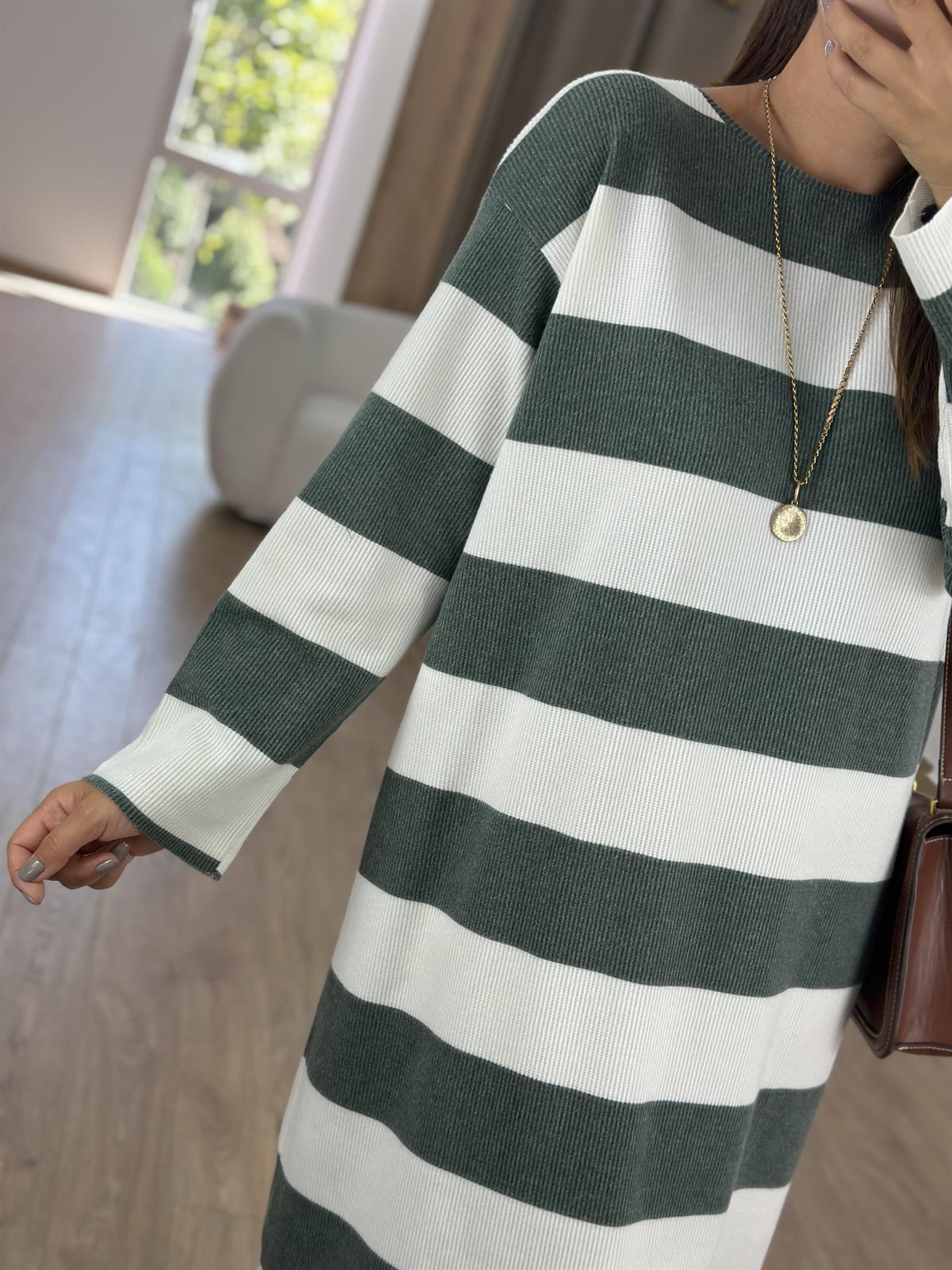 Kalın Çizgili Yumuşacık Dokuda Salaş Elbise - Haki