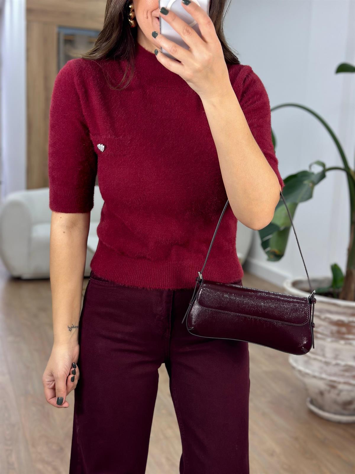 Kalp Detaylı Balıkçı Yaka Sakallı Triko Kazak - Bordo