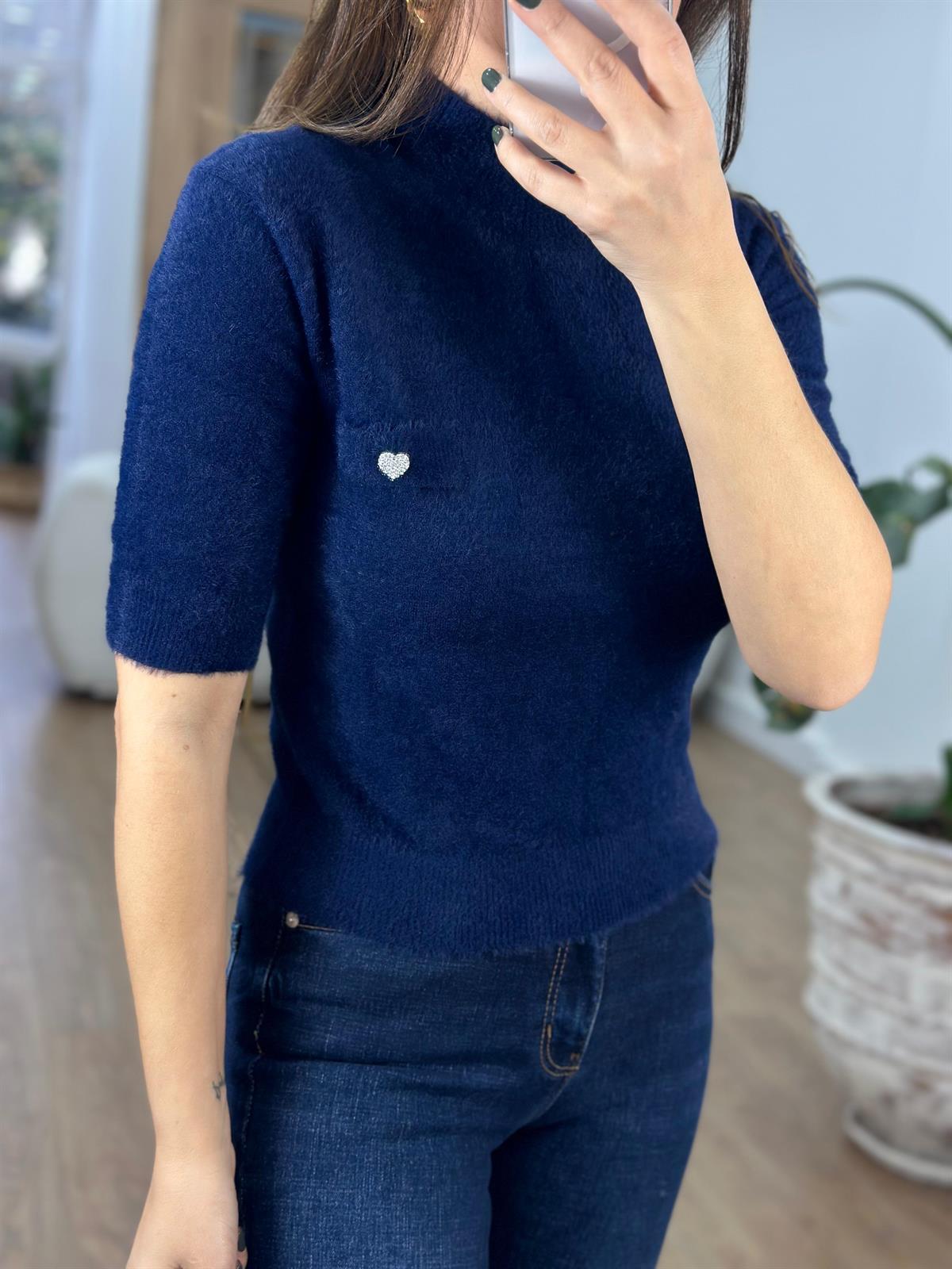 Kalp Detaylı Balıkçı Yaka Sakallı Triko Kazak - Lacivert