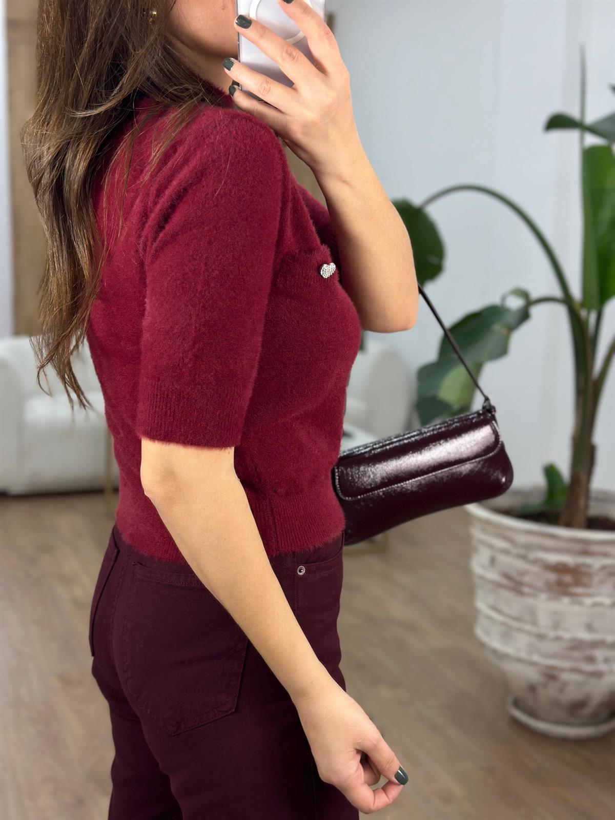 Kalp Detaylı Balıkçı Yaka Sakallı Triko Kazak - Bordo