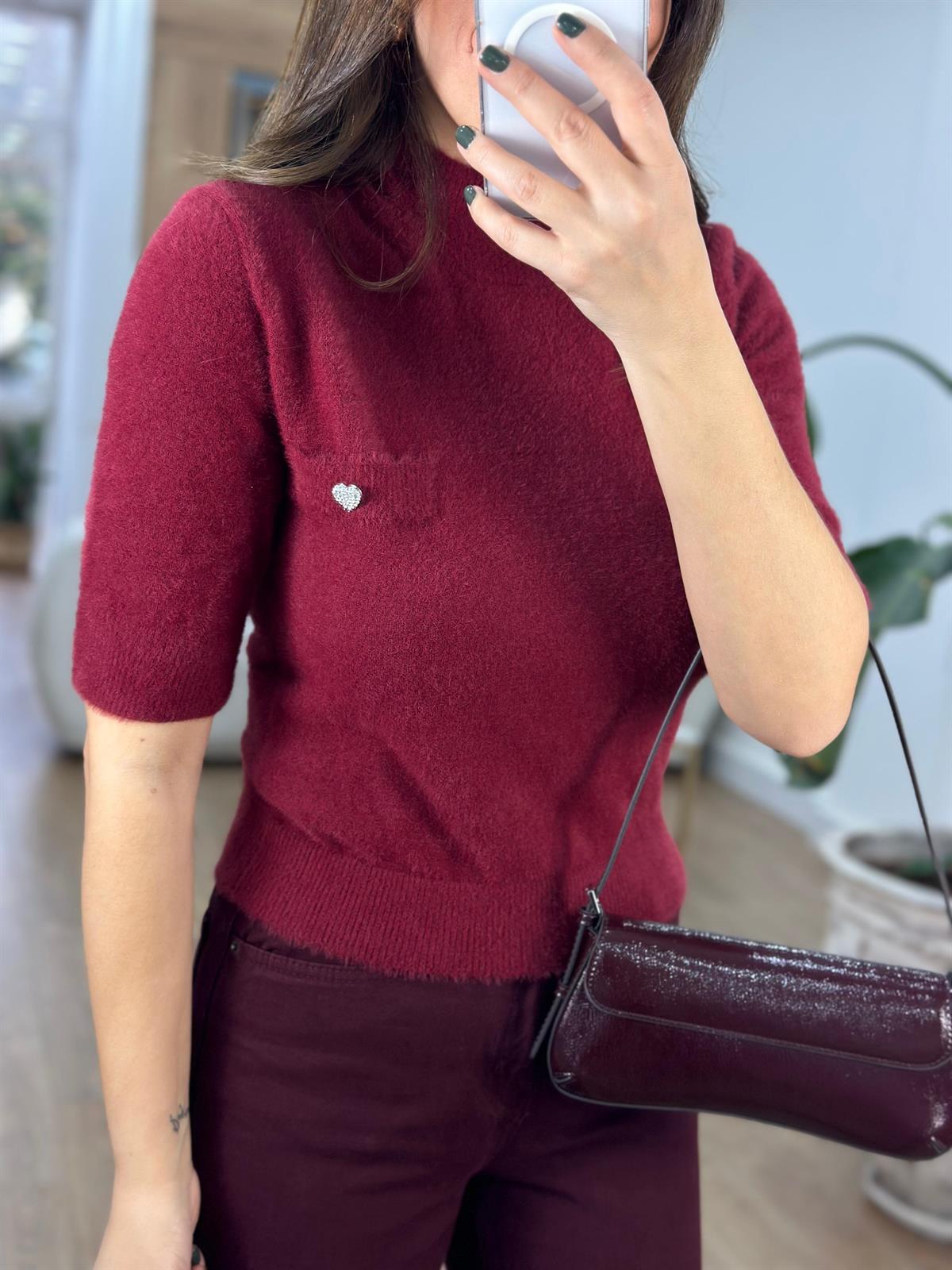 Kalp Detaylı Balıkçı Yaka Sakallı Triko Kazak - Bordo