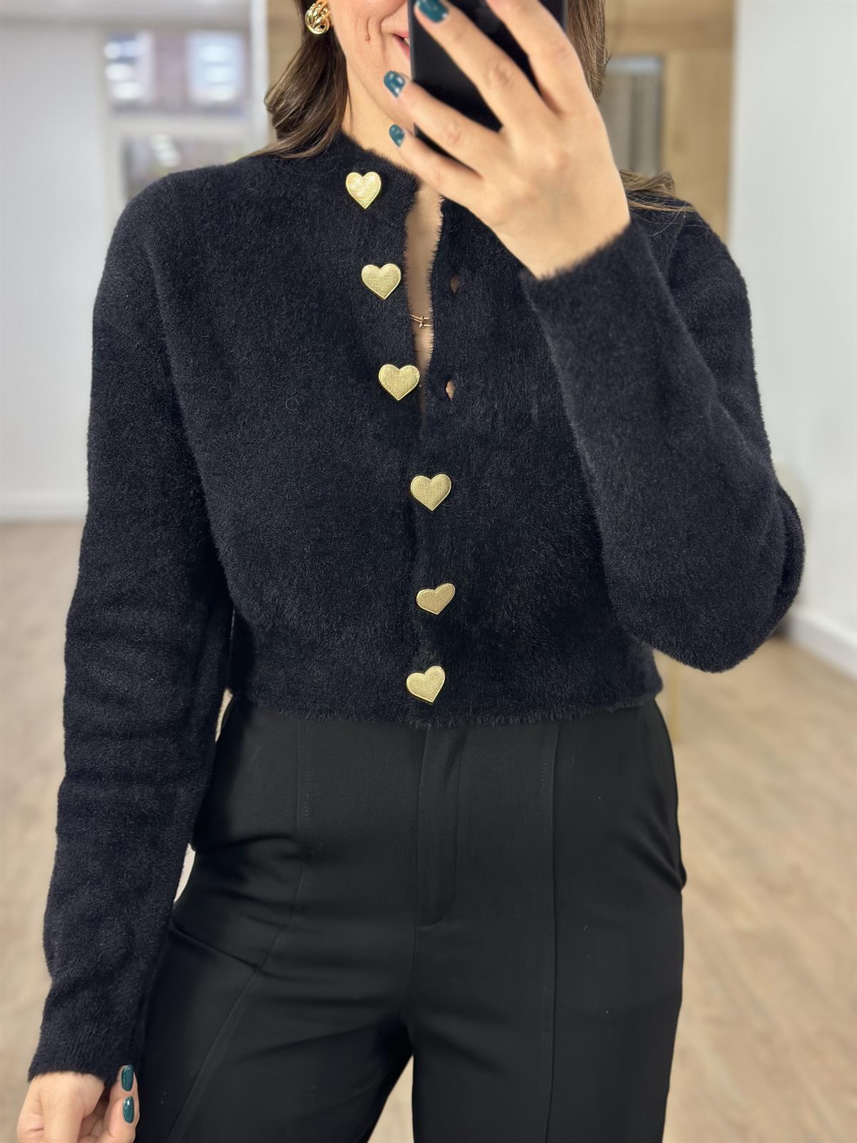 Kalp Düğmeli Yumoş Hırka-Siyah