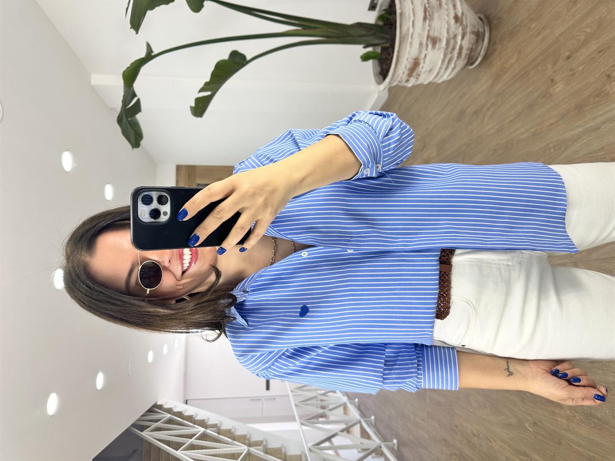 Kalp Nakışlı Çizgili Gömlek-Mavi