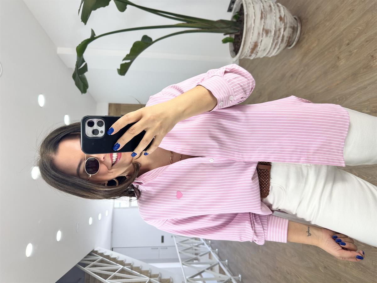 Kalp Nakışlı Çizgili Gömlek-Pembe