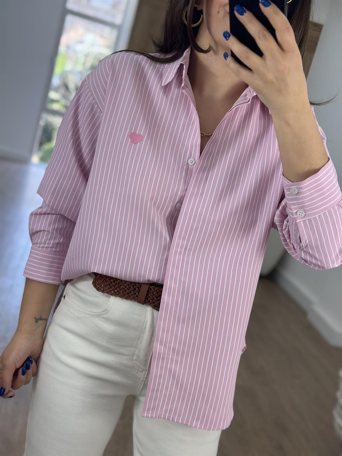 Kalp Nakışlı Çizgili Gömlek-Pembe