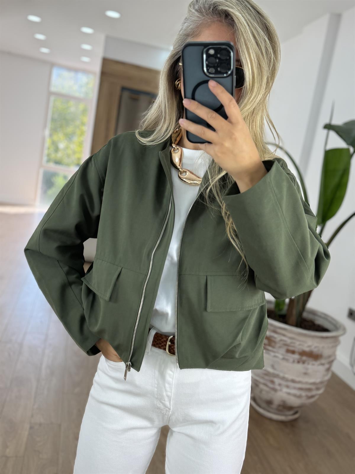 Kapak Cepli Fermuarlı Bomber Ceket - Haki