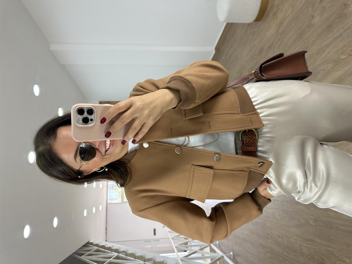 Kapak Cepli Kaşe Bomber Ceket-Camel