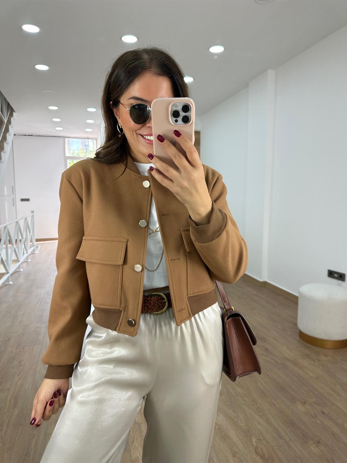 Kapak Cepli Kaşe Bomber Ceket-Camel