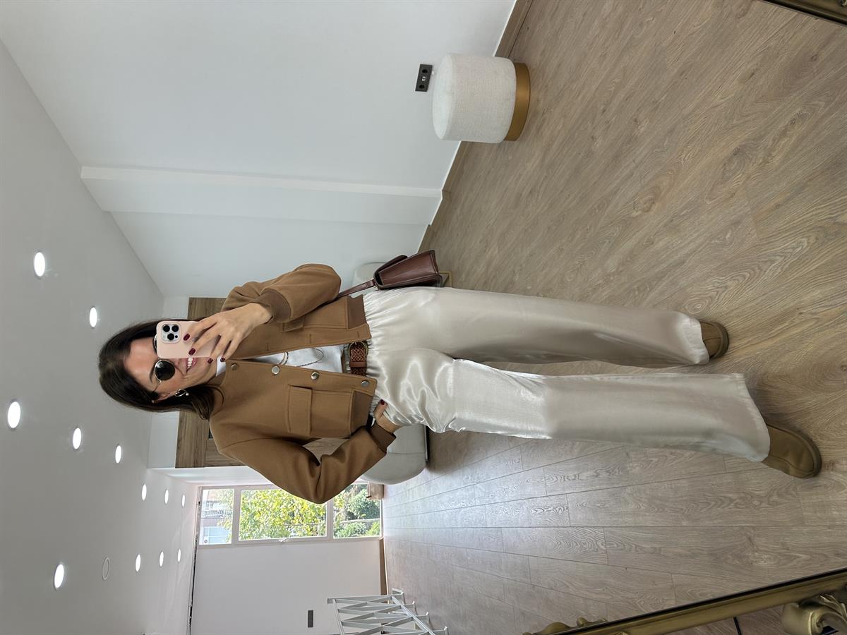 Kapak Cepli Kaşe Bomber Ceket-Camel