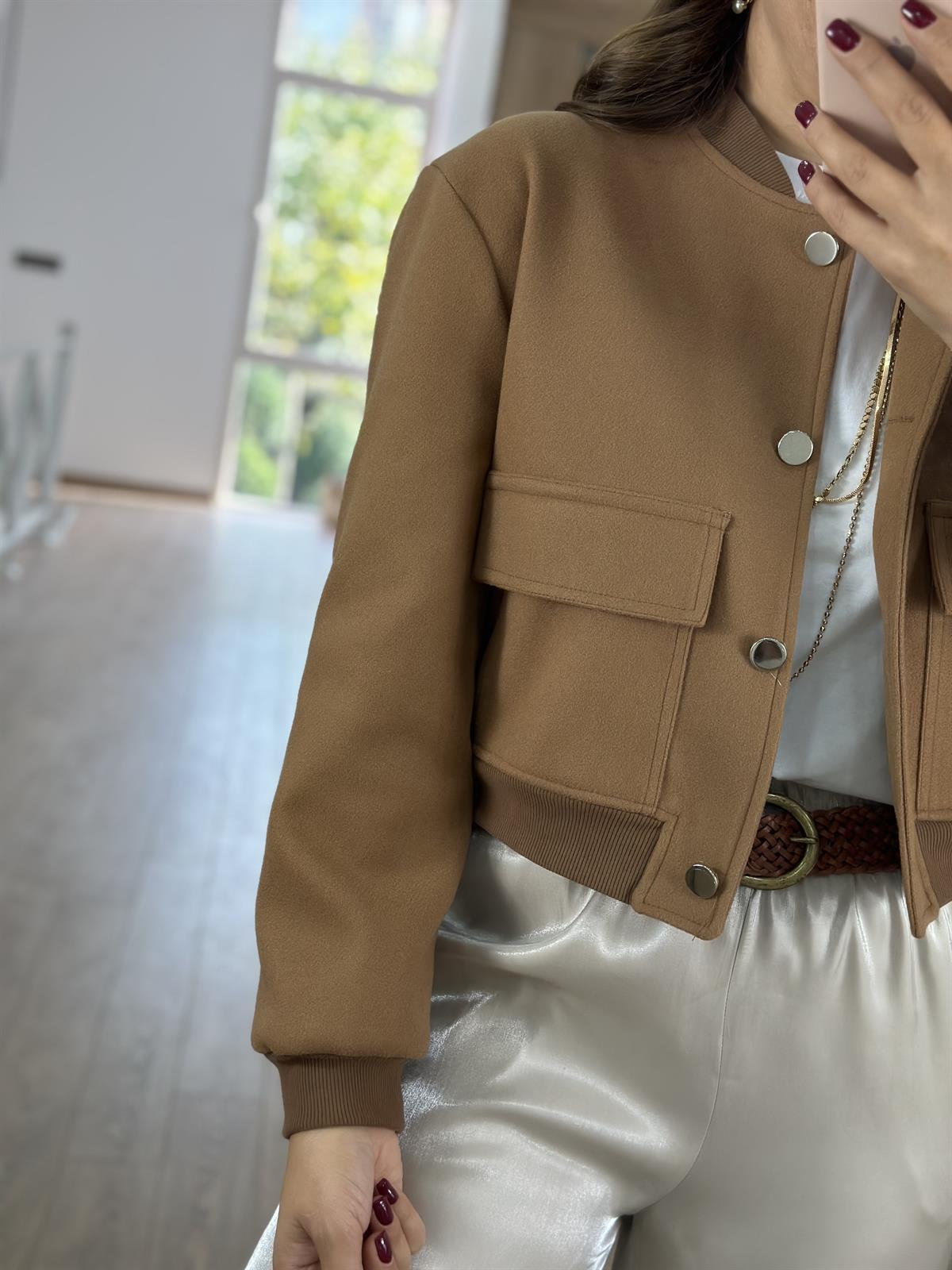 Kapak Cepli Kaşe Bomber Ceket-Camel