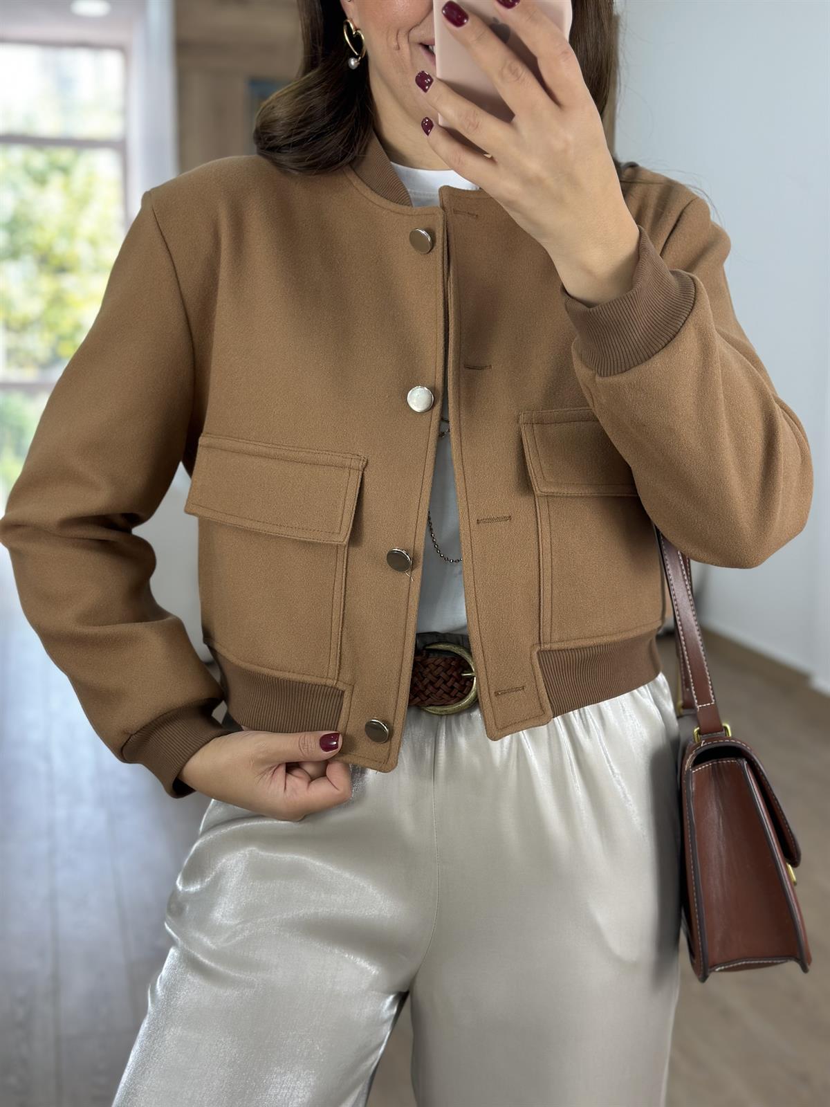 Kapak Cepli Kaşe Bomber Ceket-Camel