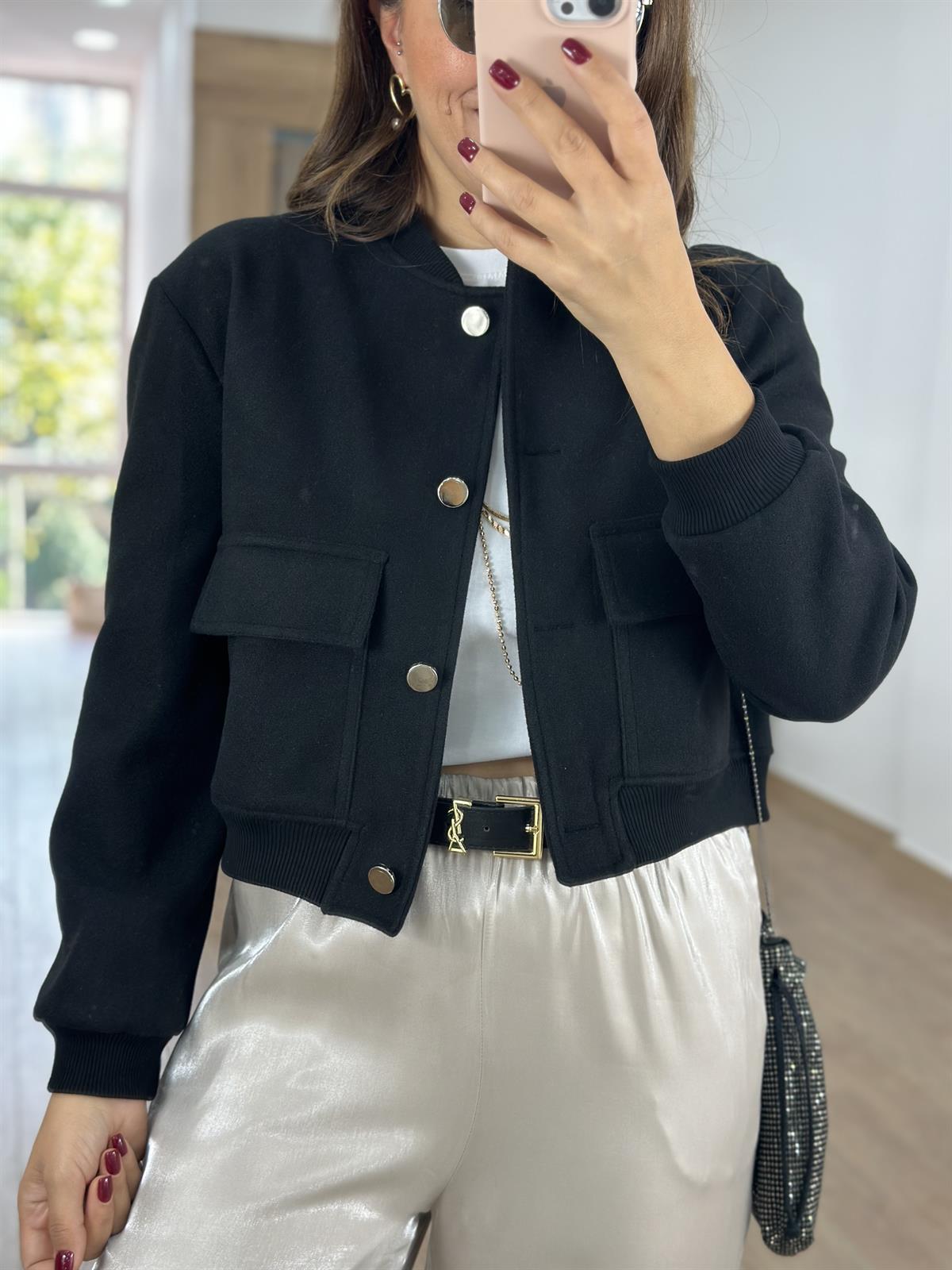 Kapak Cepli Kaşe Bomber Ceket-Siyah