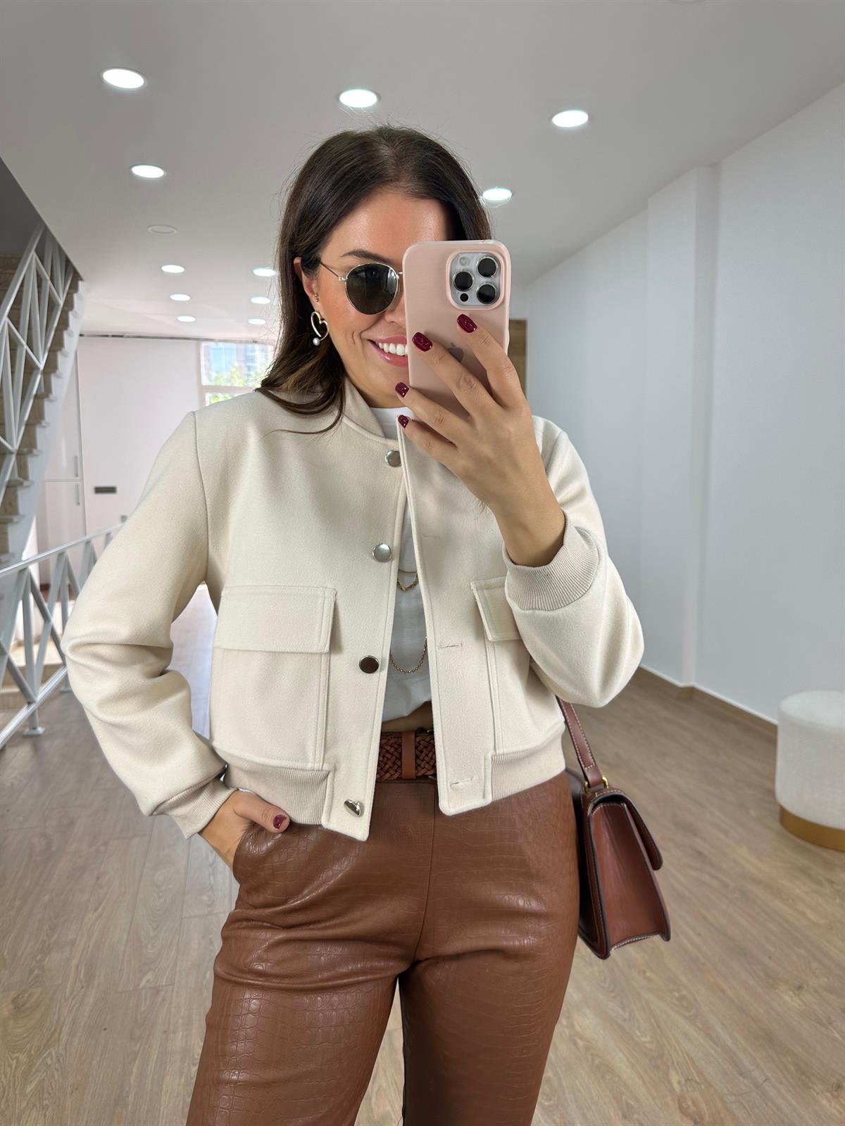 Kapak Cepli Kaşe Bomber Ceket-Taş