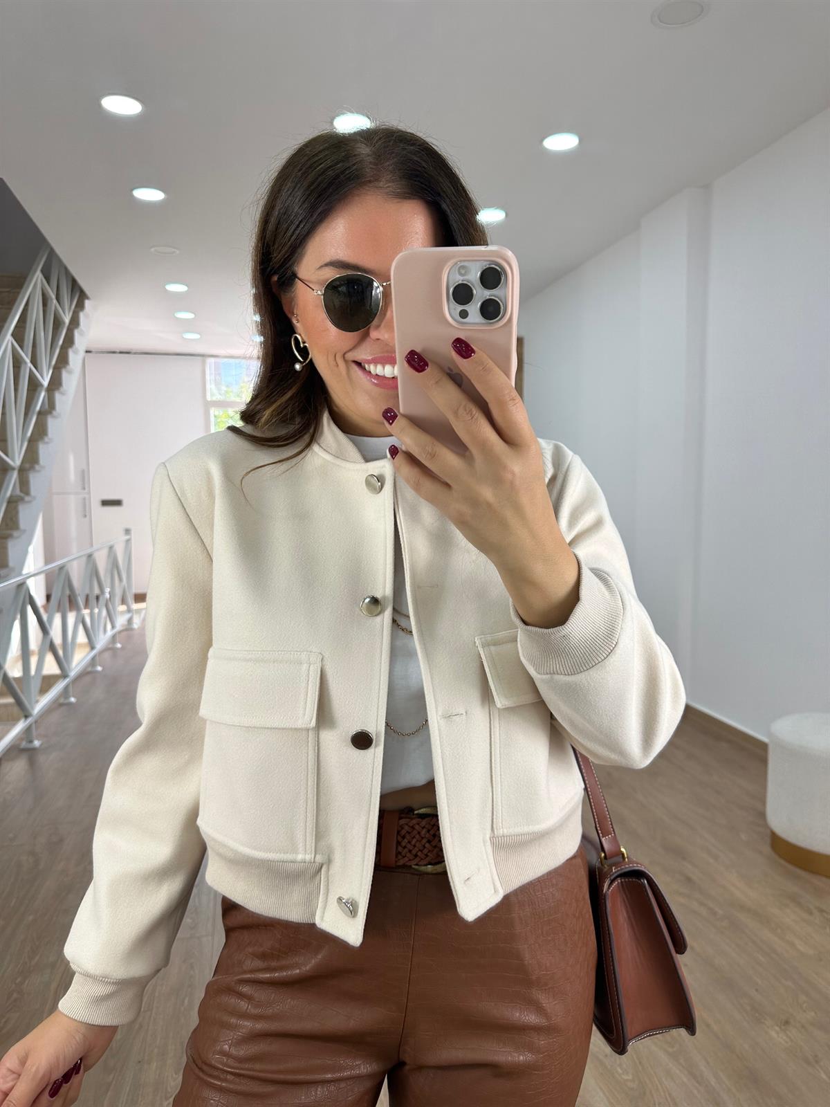 Kapak Cepli Kaşe Bomber Ceket-Taş