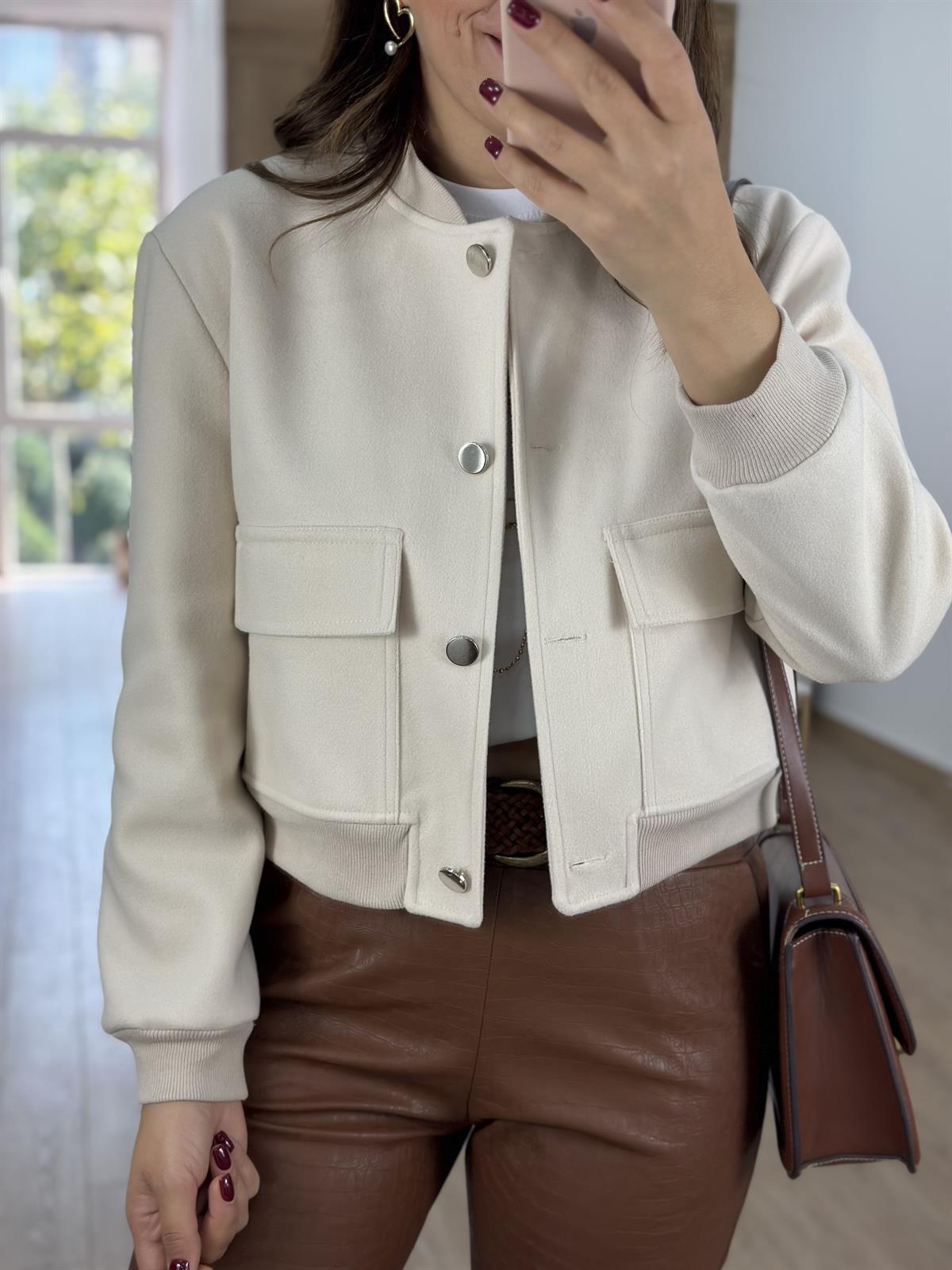 Kapak Cepli Kaşe Bomber Ceket-Taş