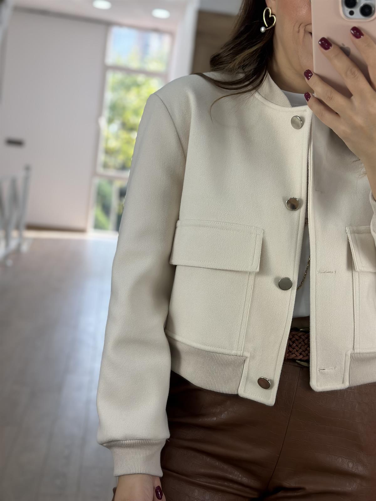 Kapak Cepli Kaşe Bomber Ceket-Taş