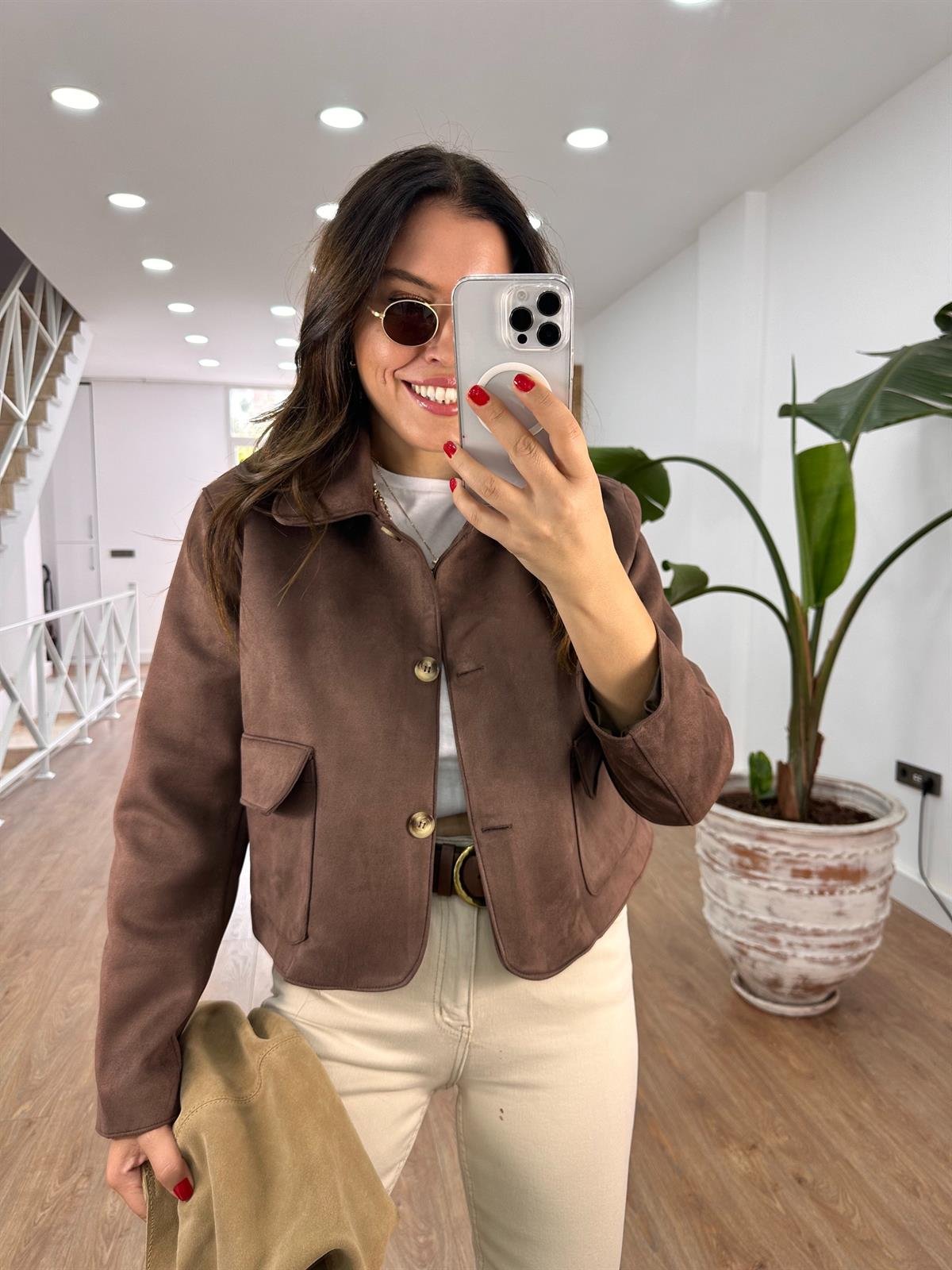 Kapak Cepli Süet Ceket - Kahverengi