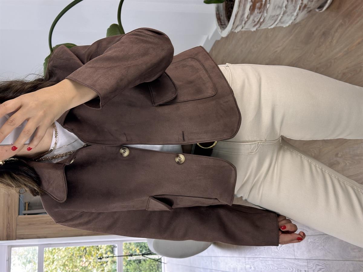 Kapak Cepli Süet Ceket - Kahverengi