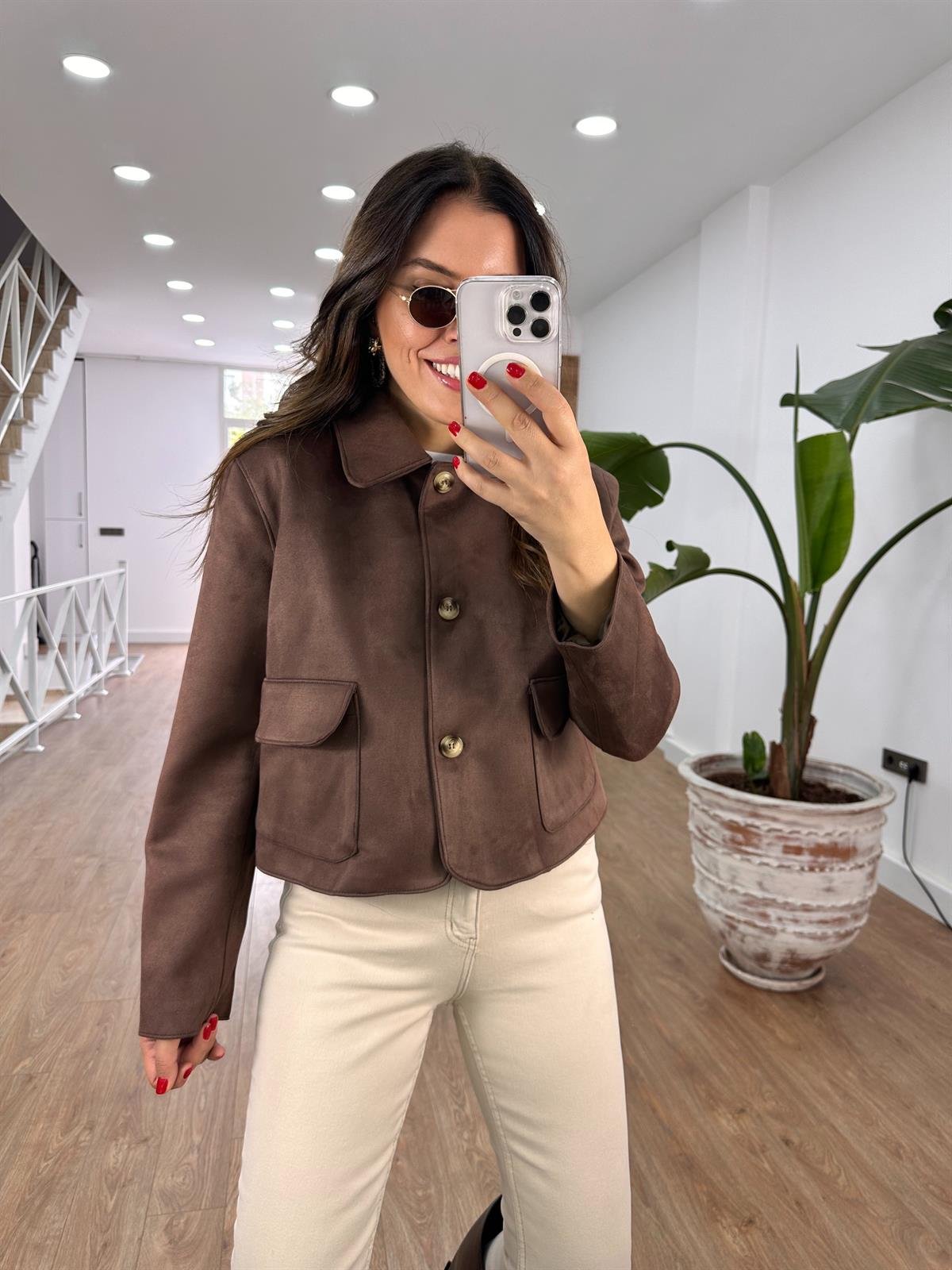 Kapak Cepli Süet Ceket - Kahverengi