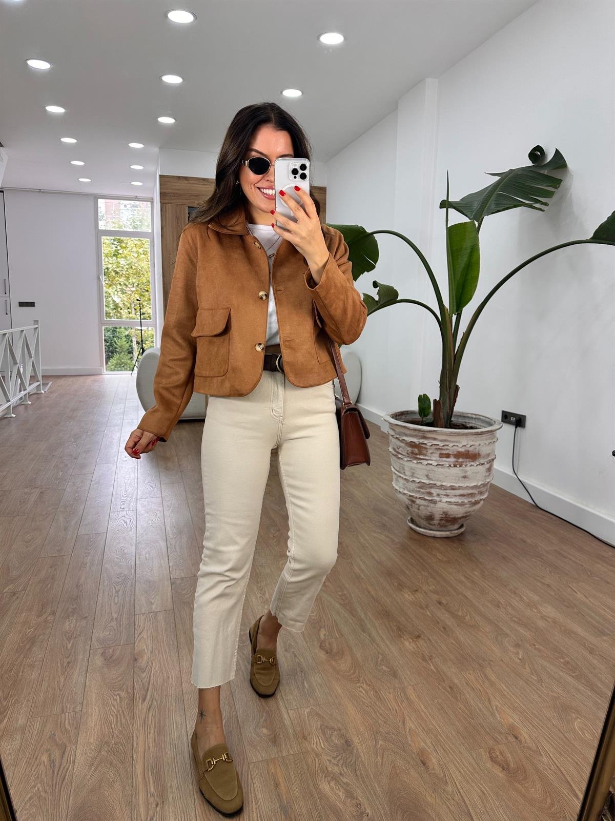 Kapak Cepli Süet Ceket - Taba 