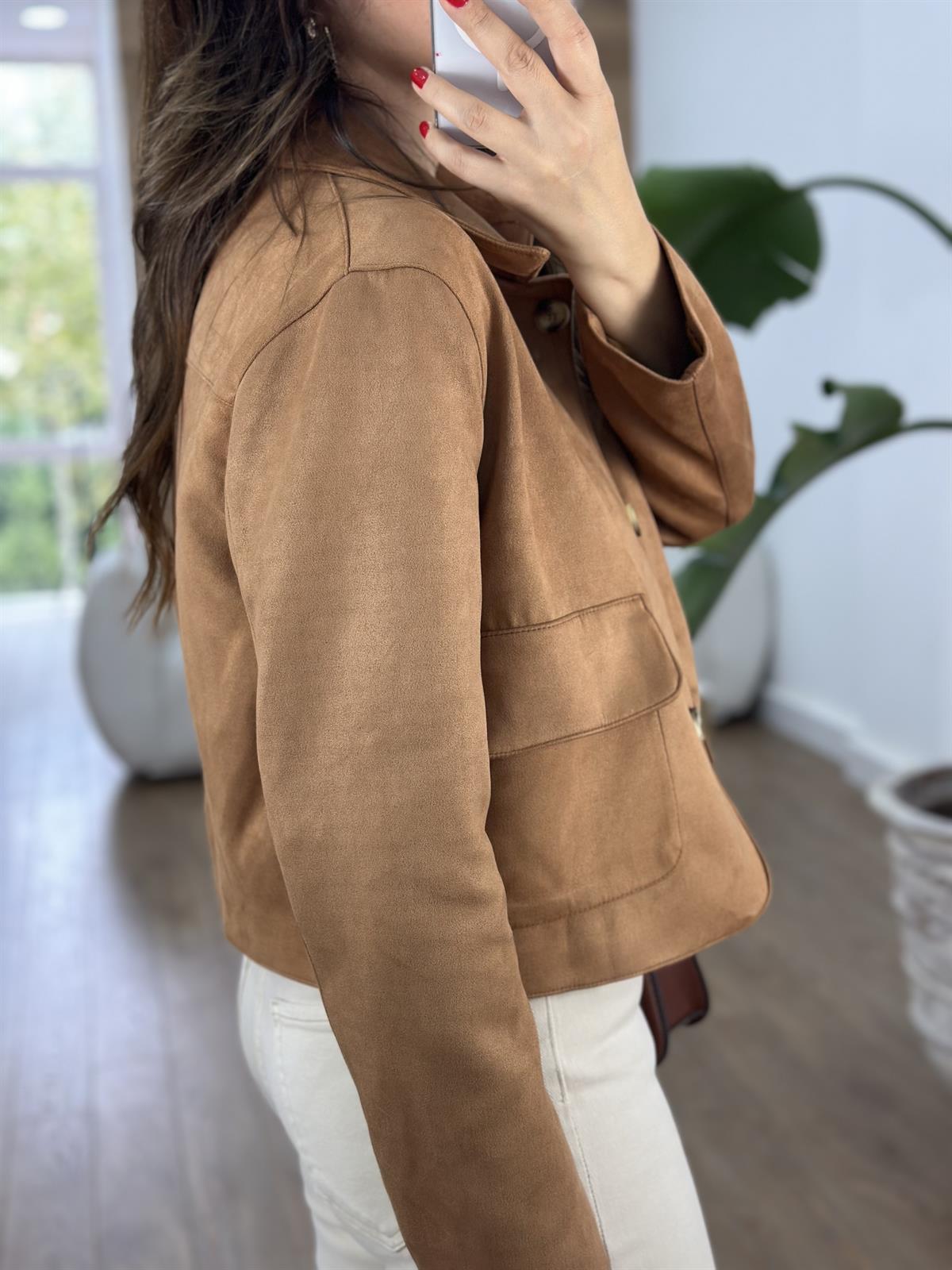 Kapak Cepli Süet Ceket - Taba 