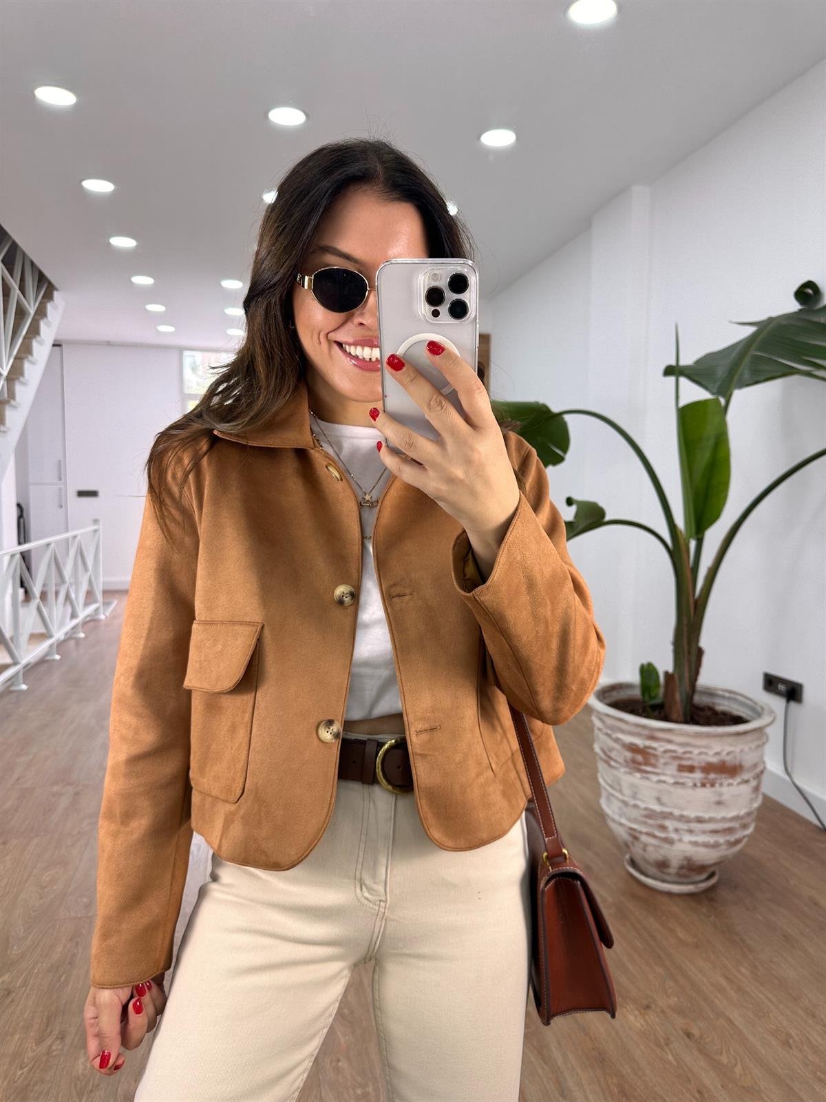 Kapak Cepli Süet Ceket - Taba 