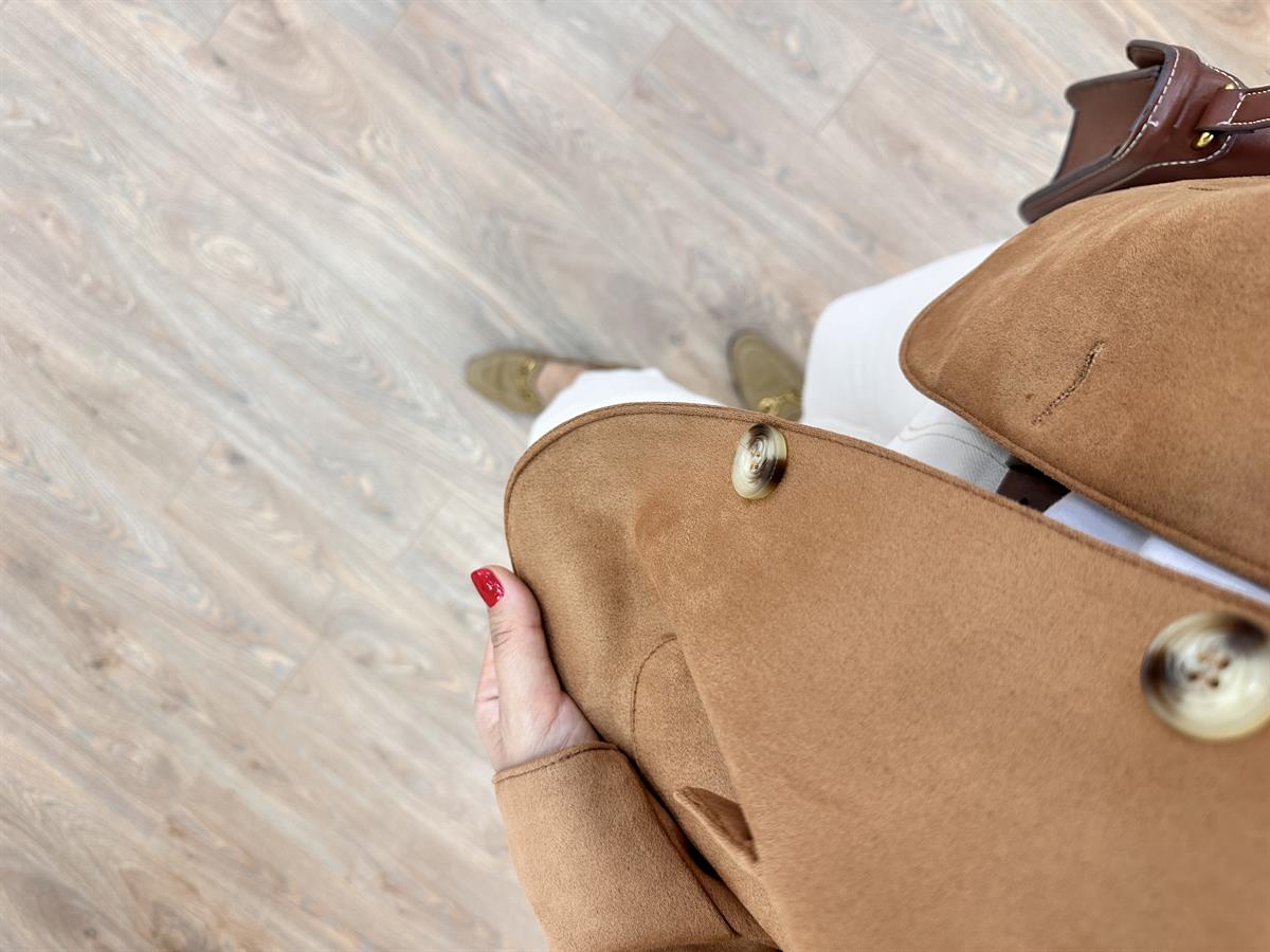 Kapak Cepli Süet Ceket - Taba 