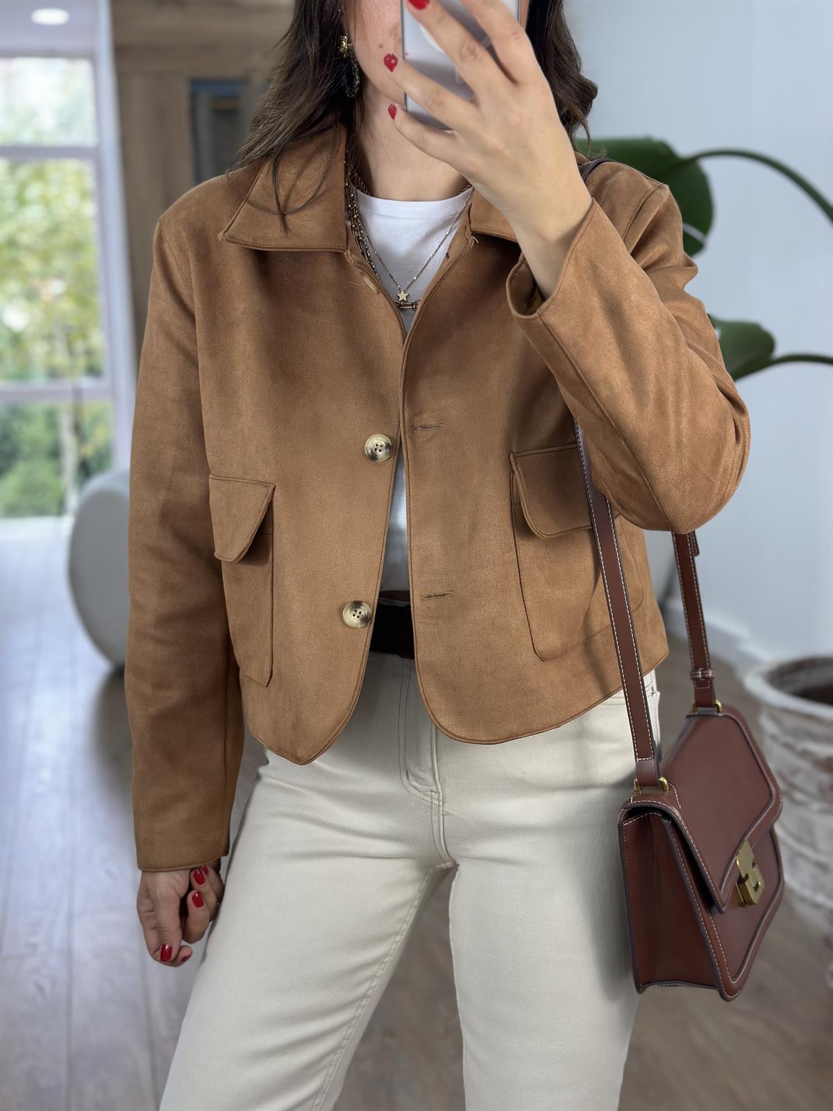 Kapak Cepli Süet Ceket - Taba 