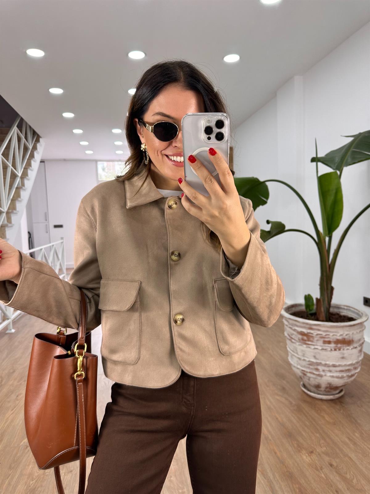 Kapak Cepli Süet Ceket - Vizon