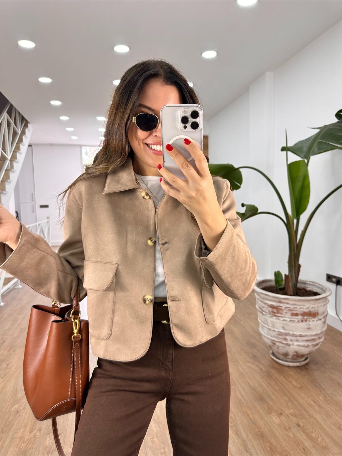 Kapak Cepli Süet Ceket - Vizon