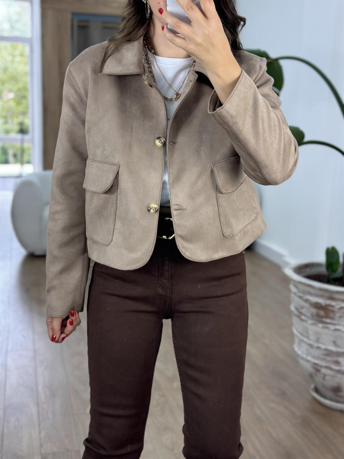 Kapak Cepli Süet Ceket - Vizon