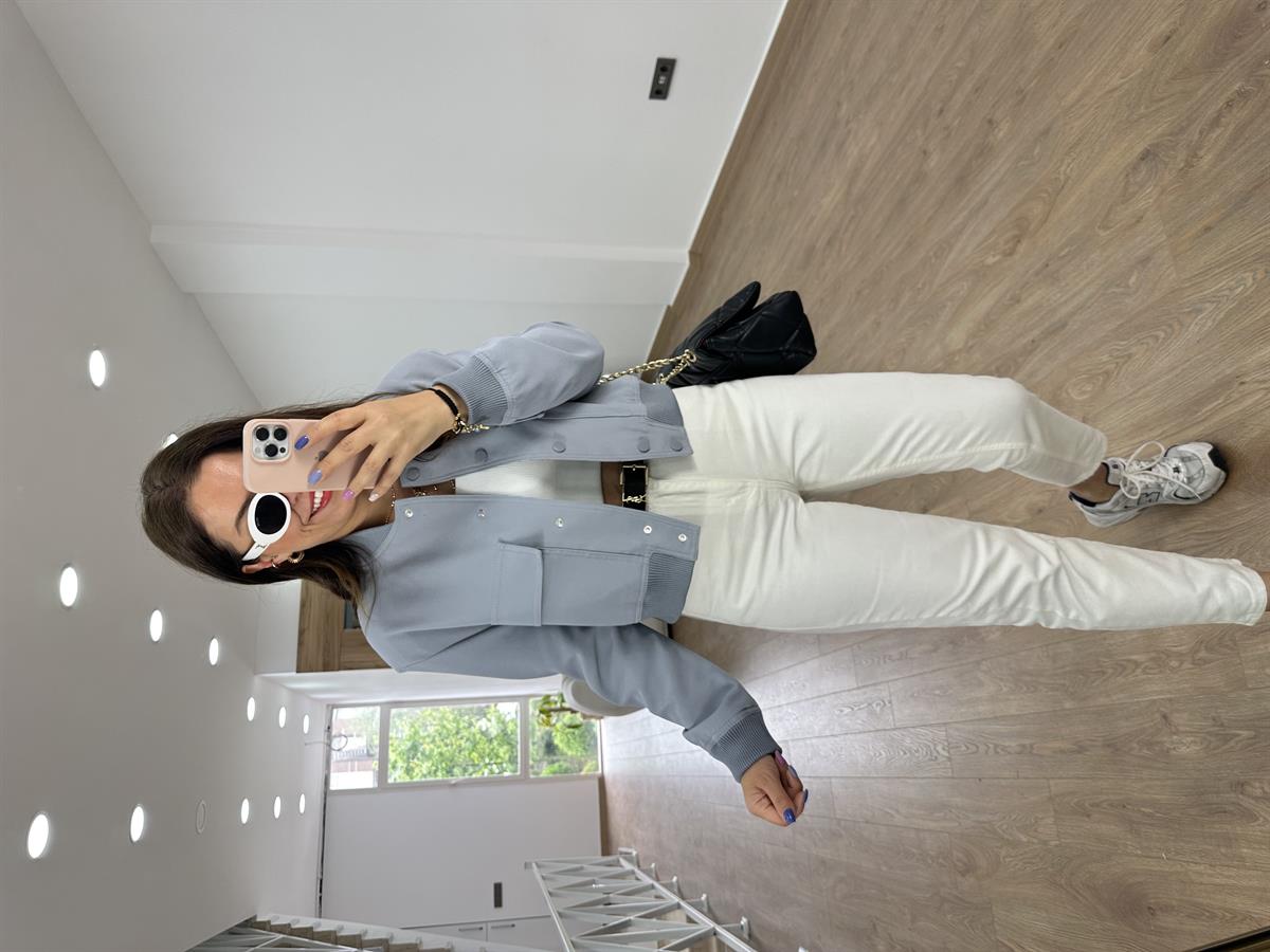 Kapak Cepli Vatkalı Bomber Ceket-Gri