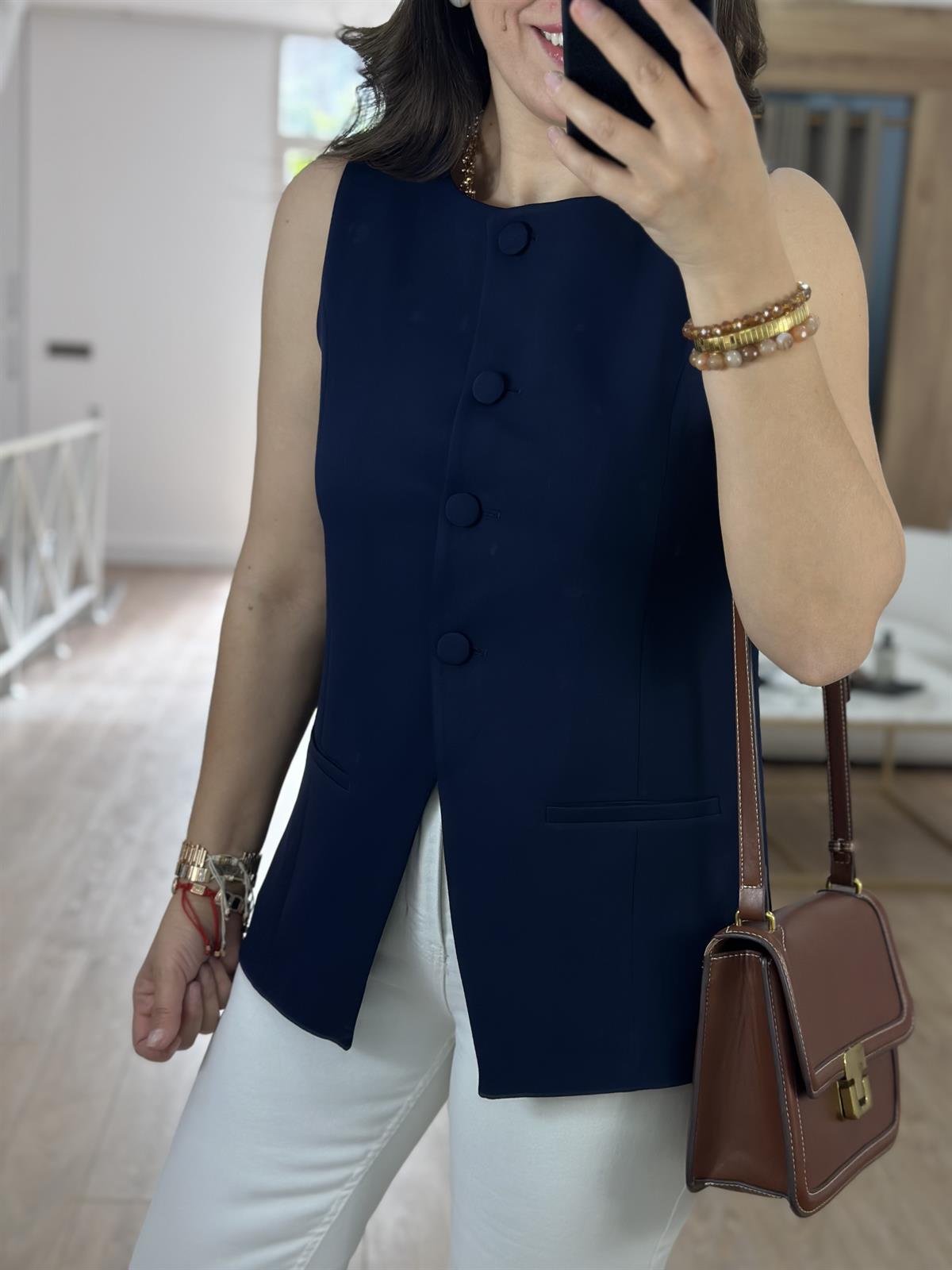 Kaplama Düğmeli Yelek-Lacivert