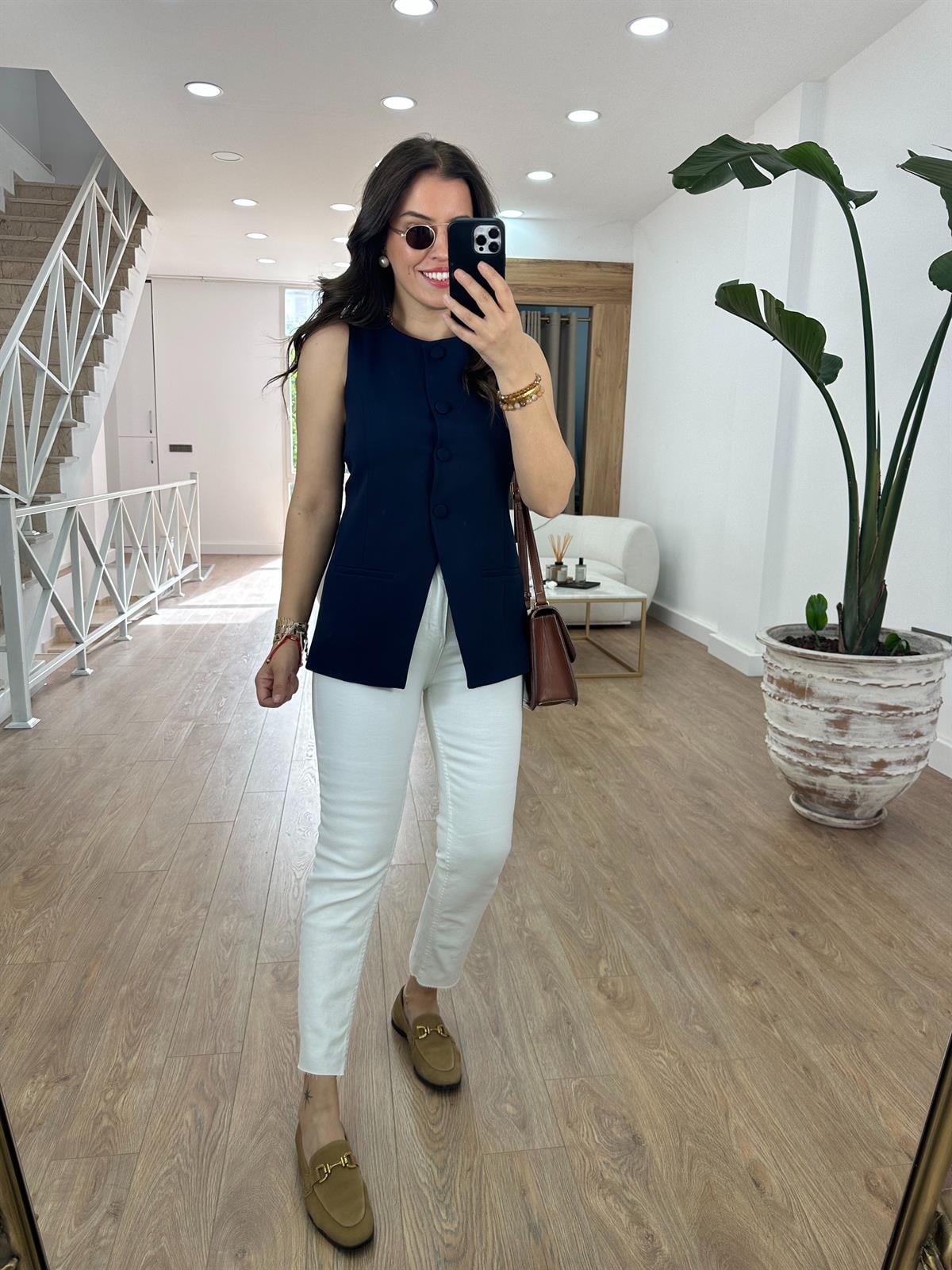 Kaplama Düğmeli Yelek-Lacivert