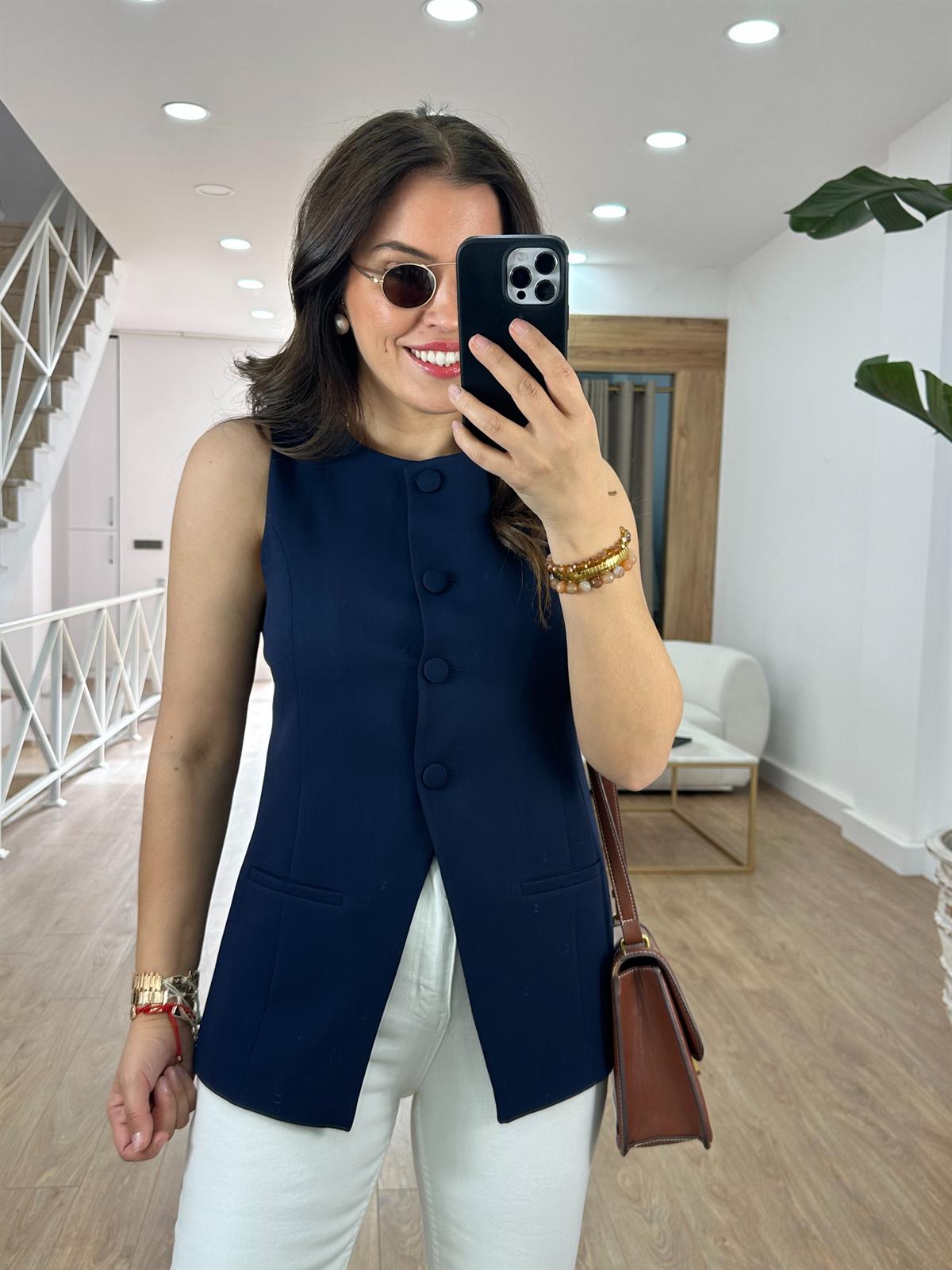 Kaplama Düğmeli Yelek-Lacivert