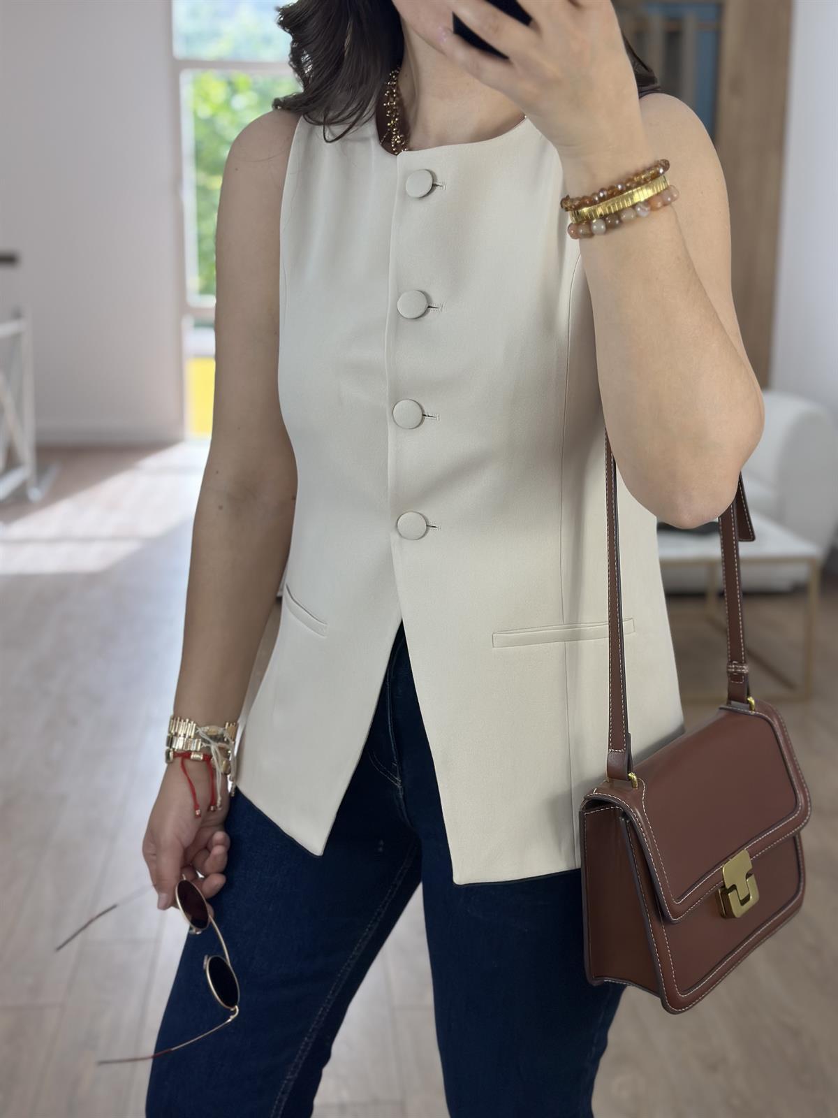 Kaplama Düğmeli Yelek-Taş