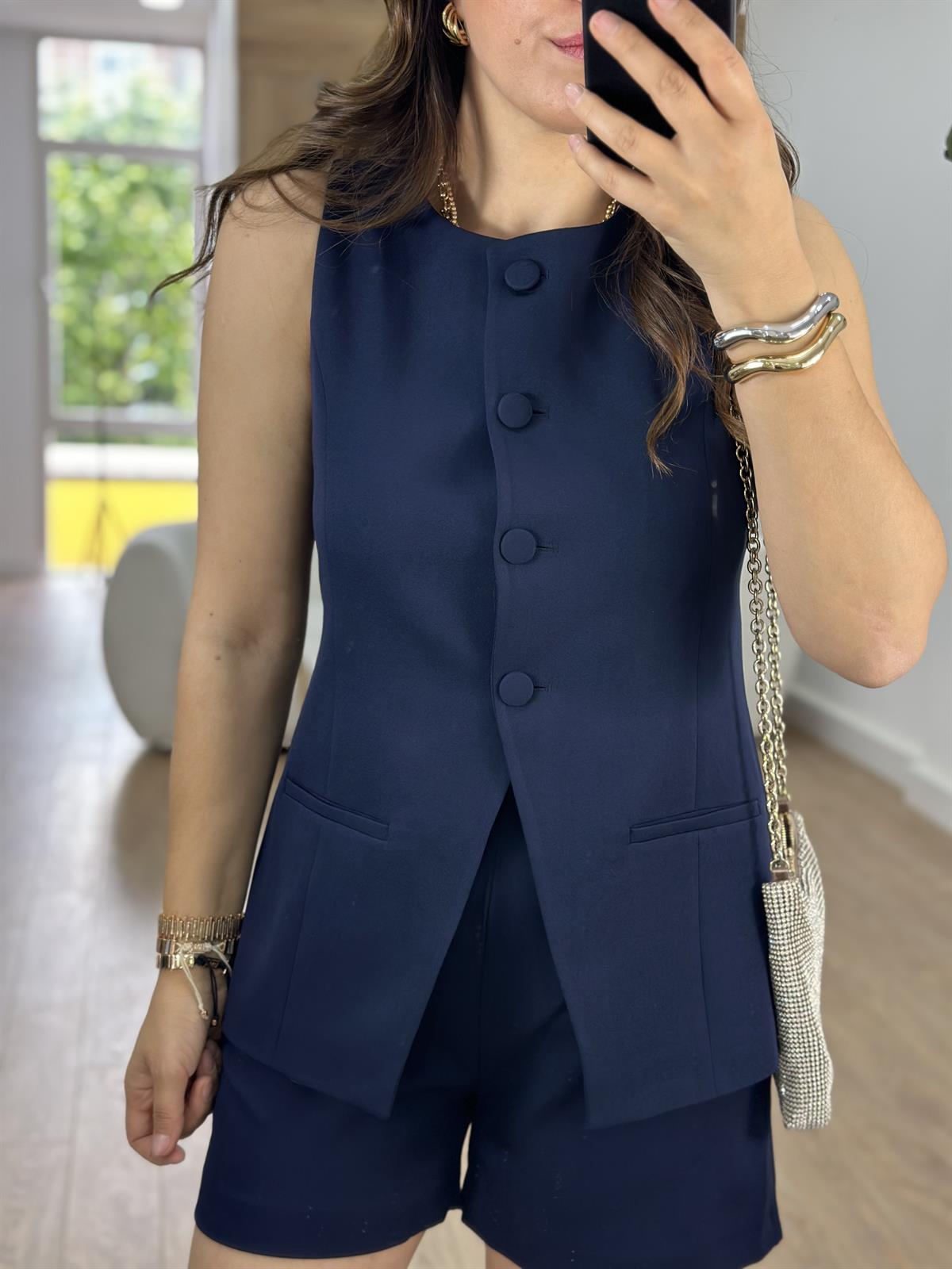 Kaplama Düğmeli Yelekli Takım-Lacivert